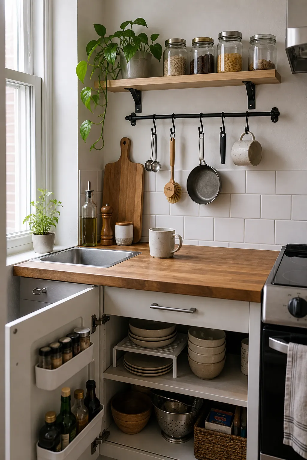 Small kitchen wall rail and compact storage for utensils and pantry items