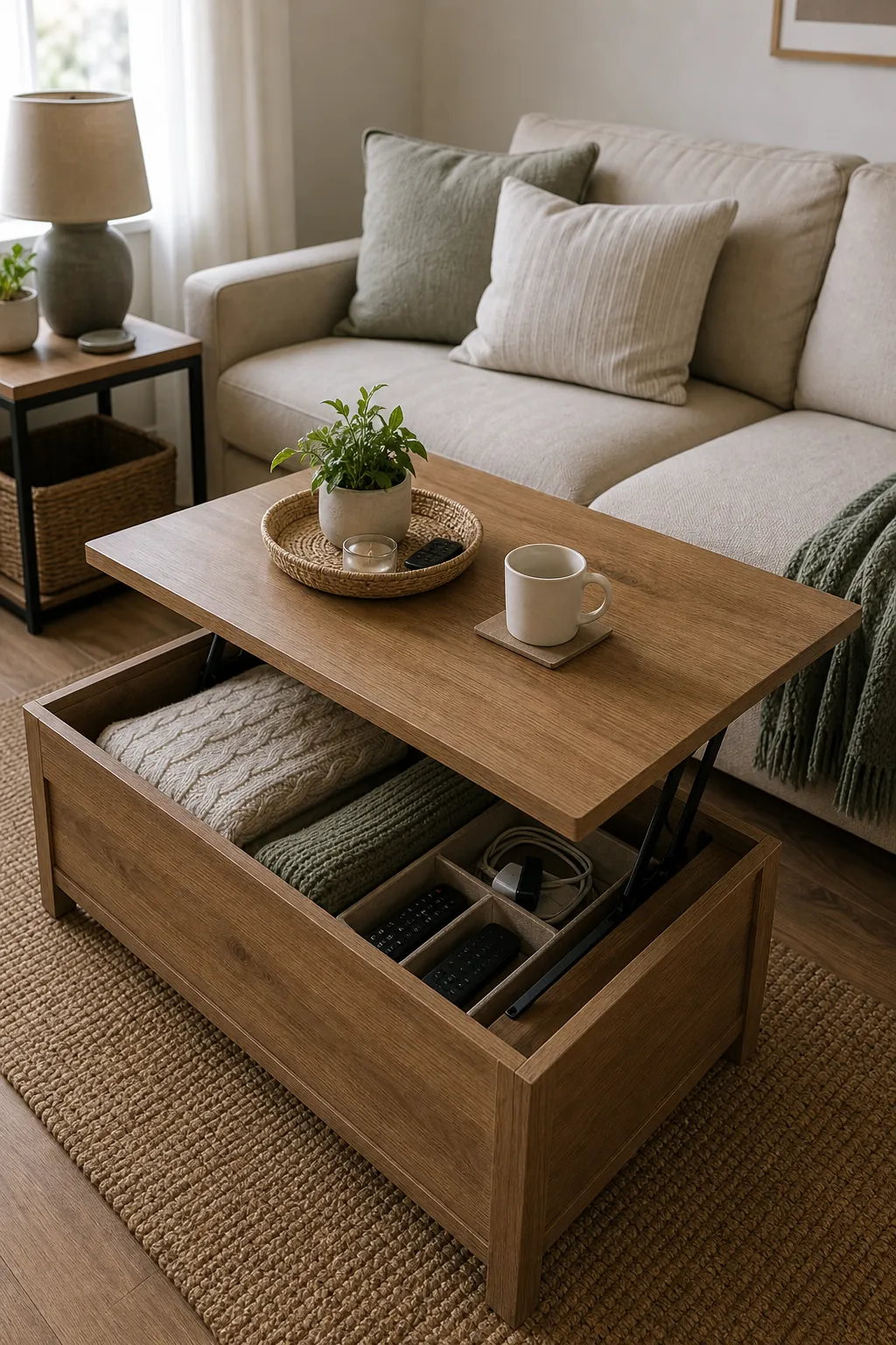 Existing furniture used as hidden storage with a lift top ottoman and baskets
