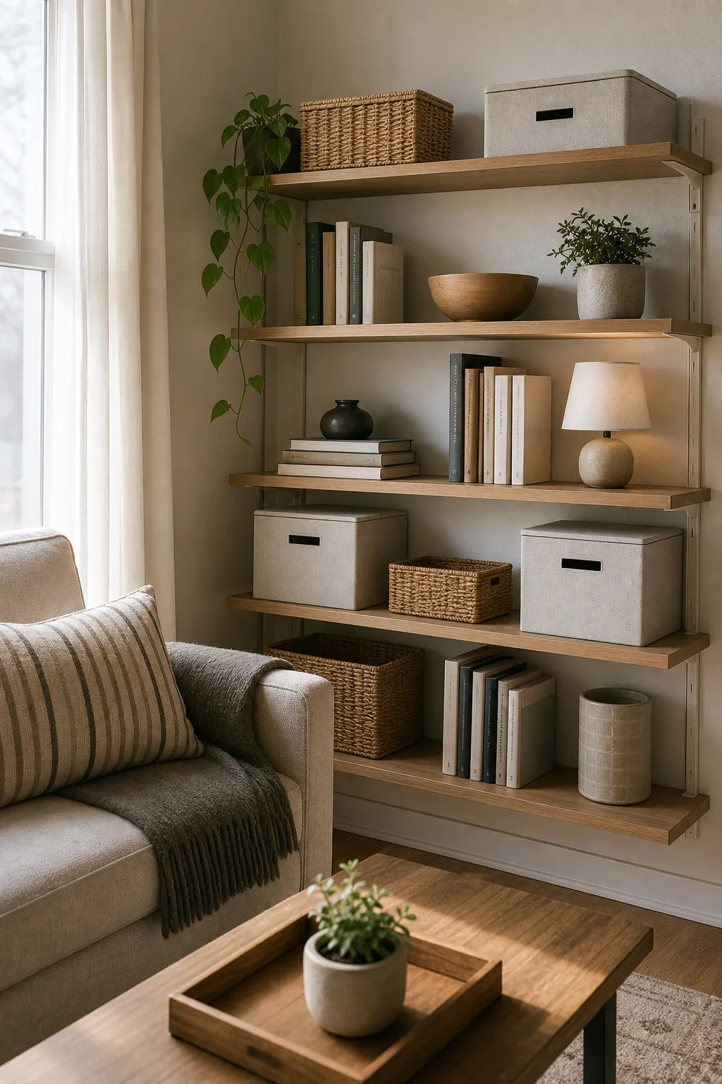 Calm open shelves with hidden storage boxes and negative space in a small living room