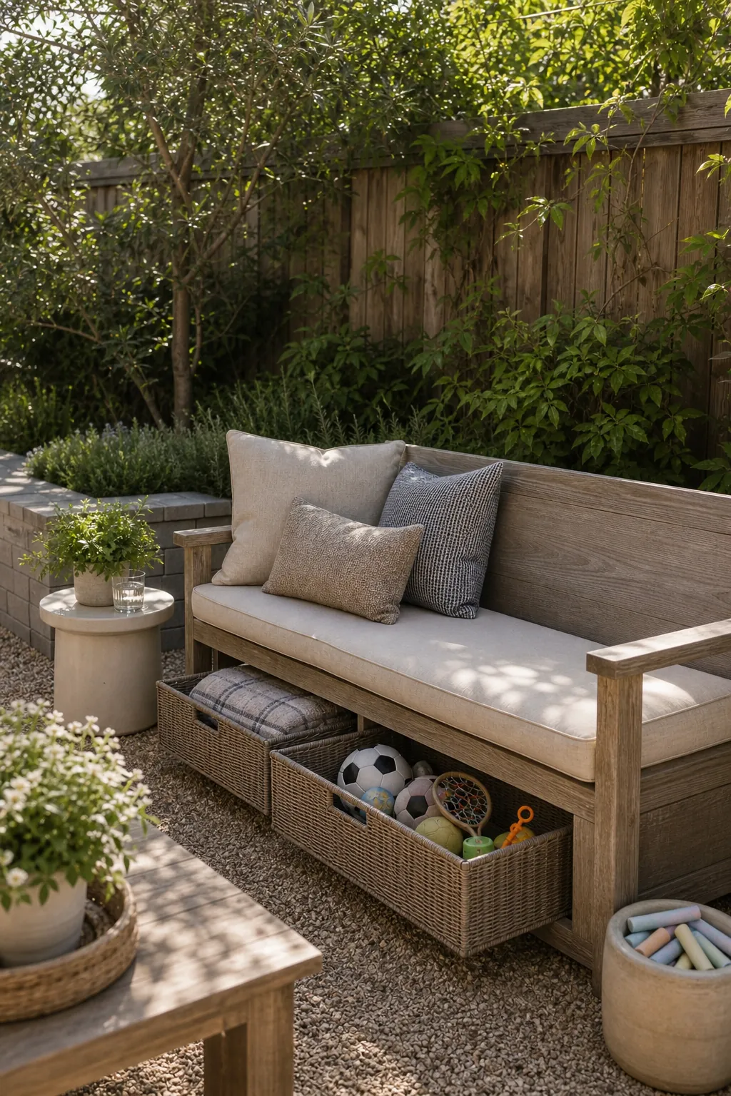 Outdoor storage bench and woven baskets keeping kids backyard toys tidy near patio seating