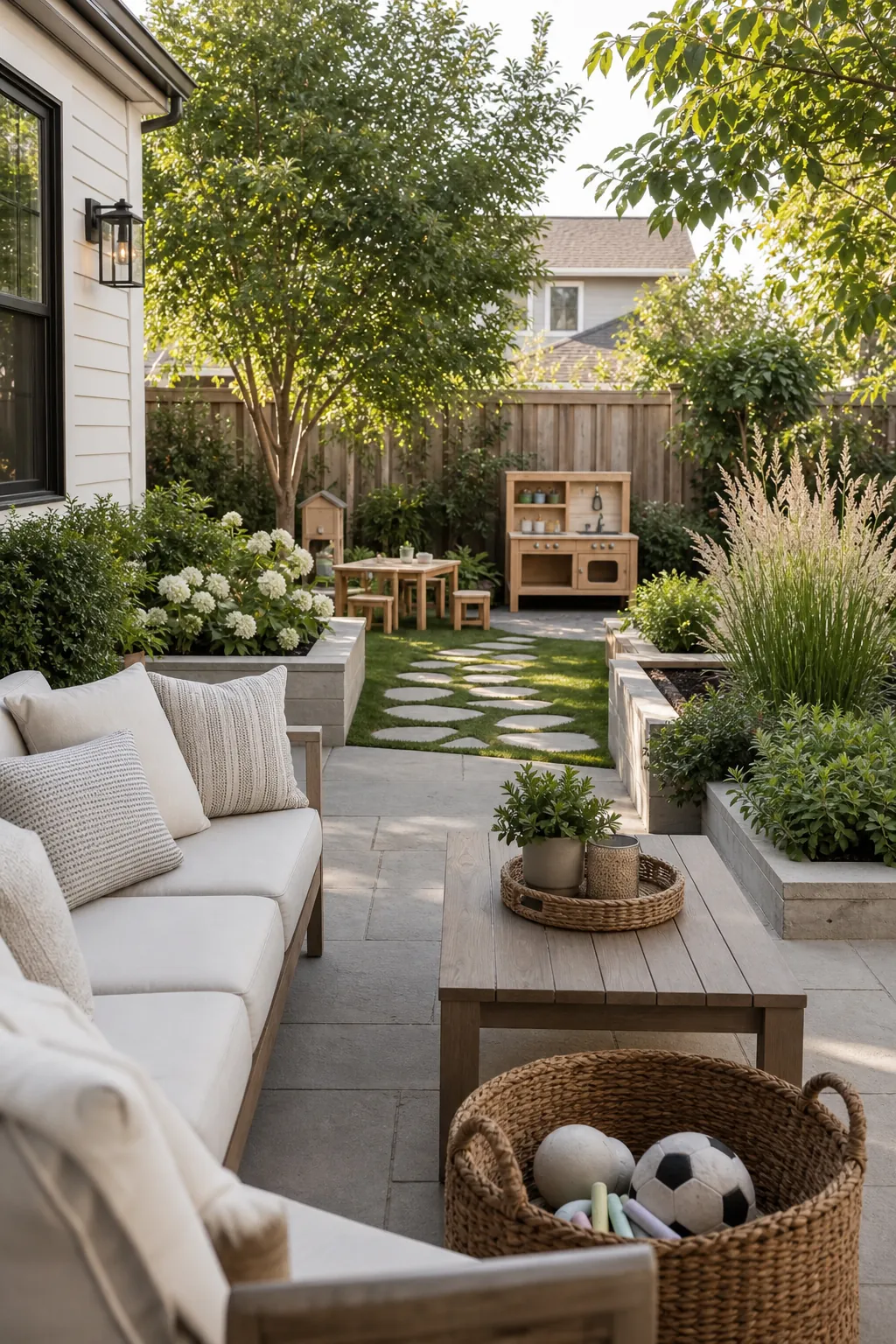 Elegant family backyard with integrated kids play corner near adult patio seating