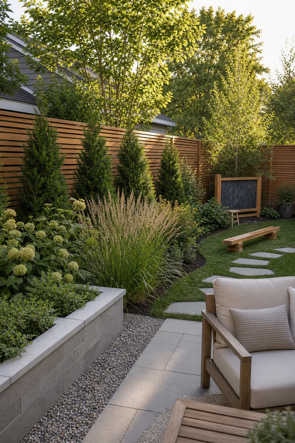 Layered privacy planting separating outdoor play space from an adult patio lounge