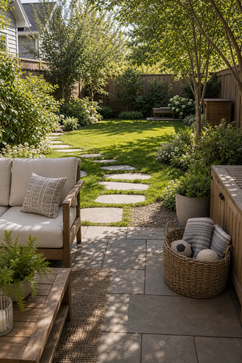 Family backyard path leading from adult patio seating to an open play lawn