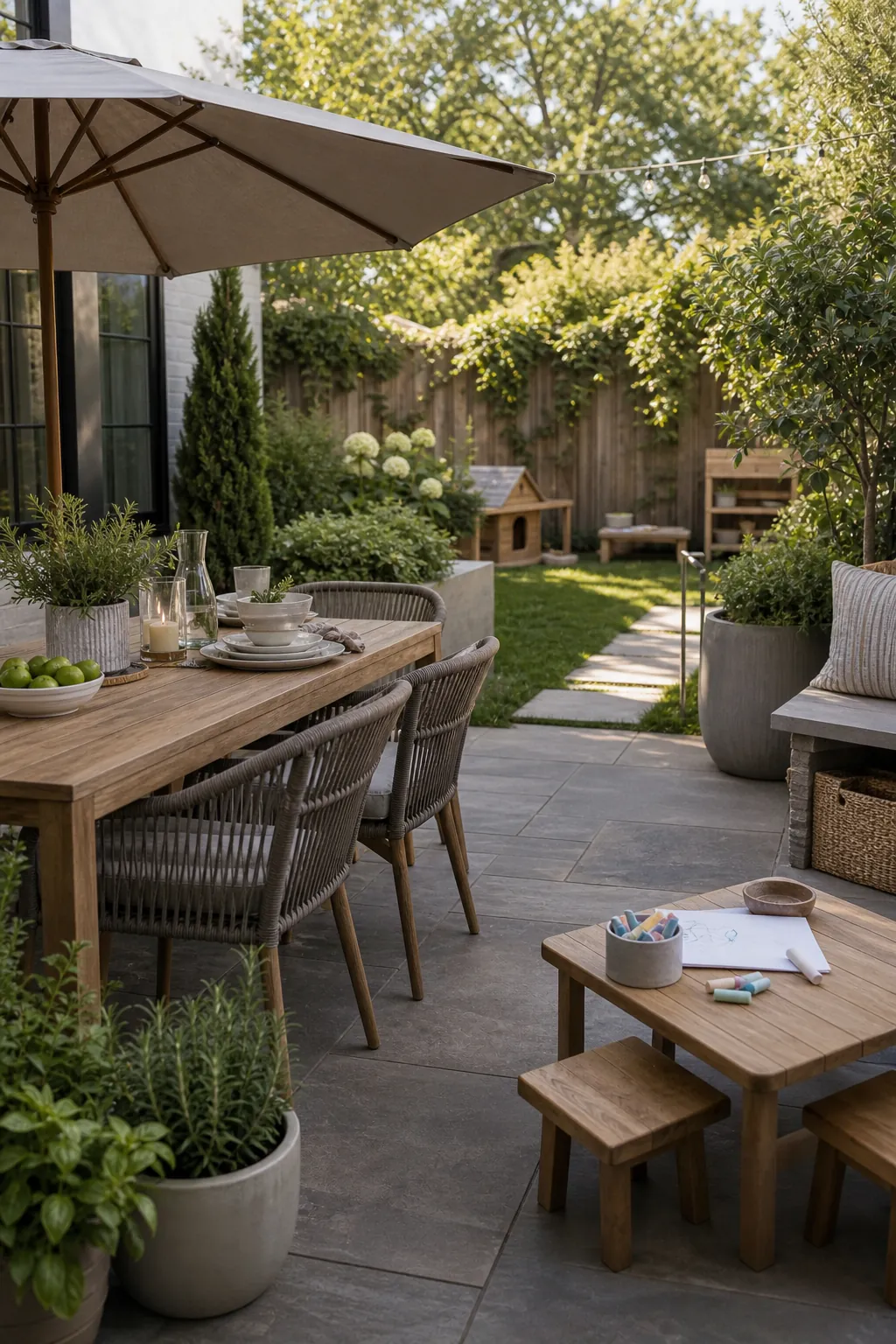 Family-friendly outdoor dining corner with sturdy patio furniture and nearby kids activity table