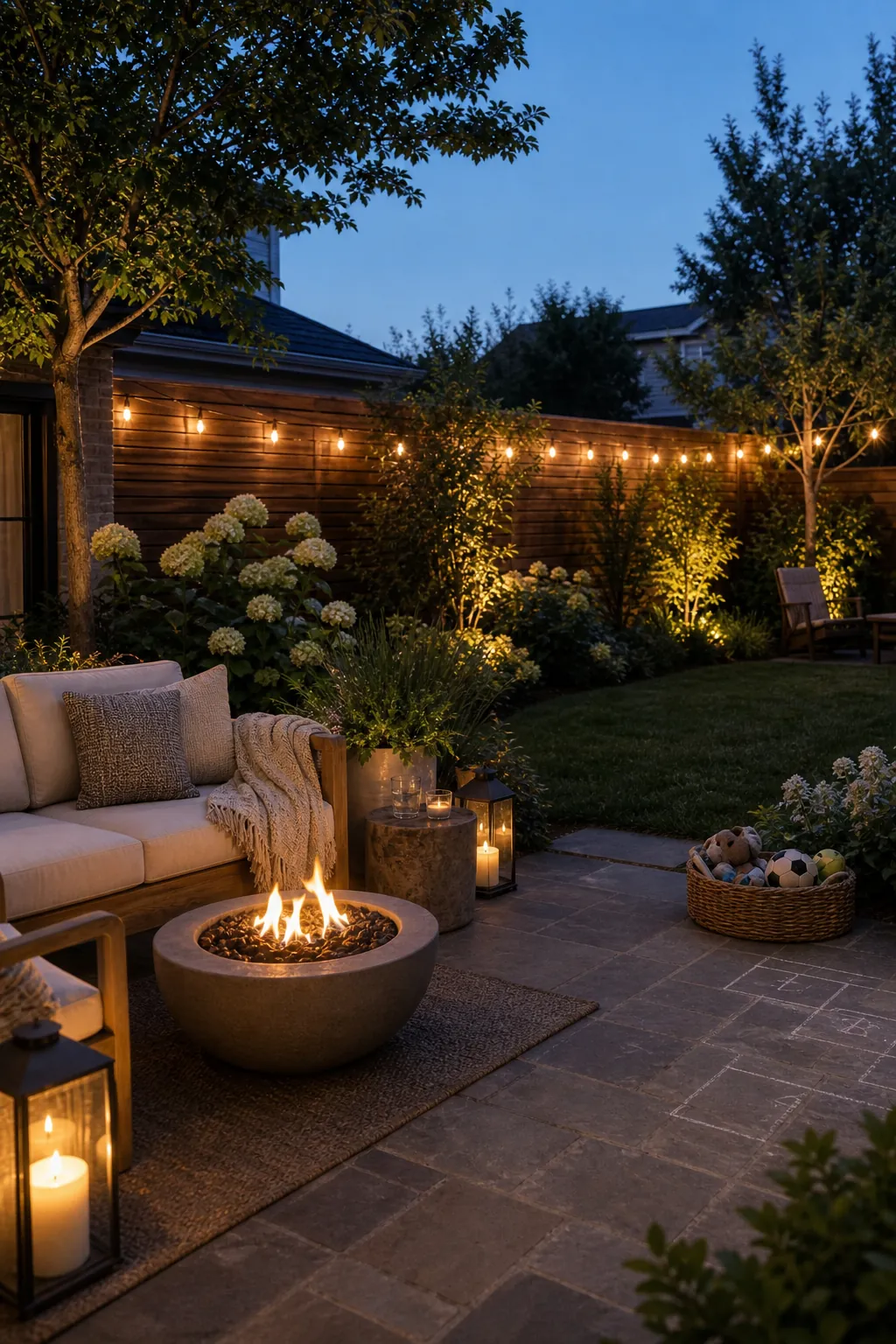 Evening family backyard retreat with string lights, patio seating, and tidy play storage