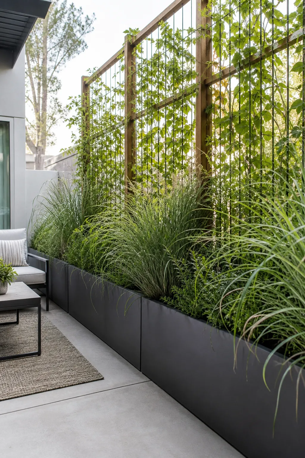 Small patio planter privacy wall with tall grasses and climbing vines beside outdoor seating