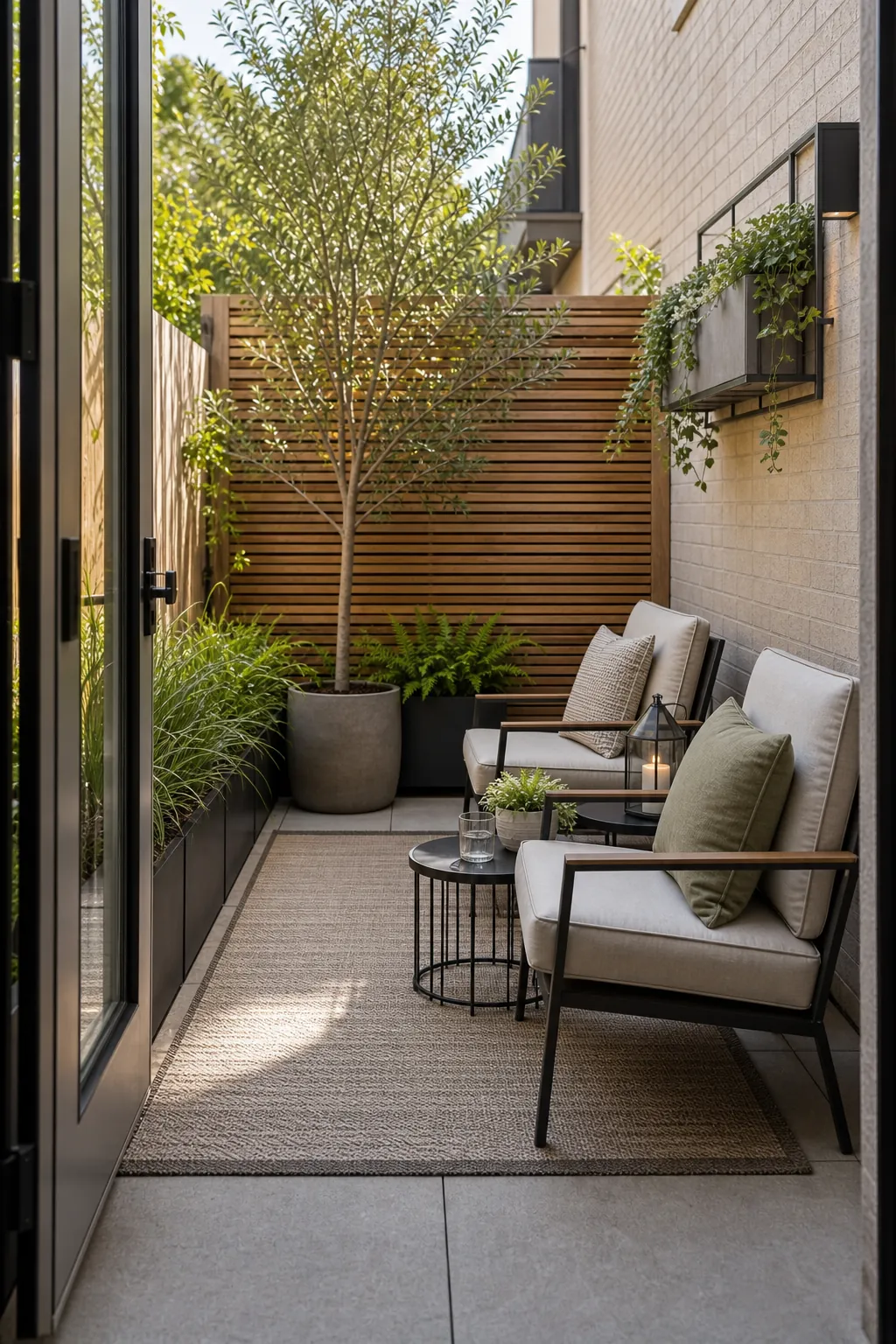 Small patio with slim furniture layout, clear walking path, and compact private seating