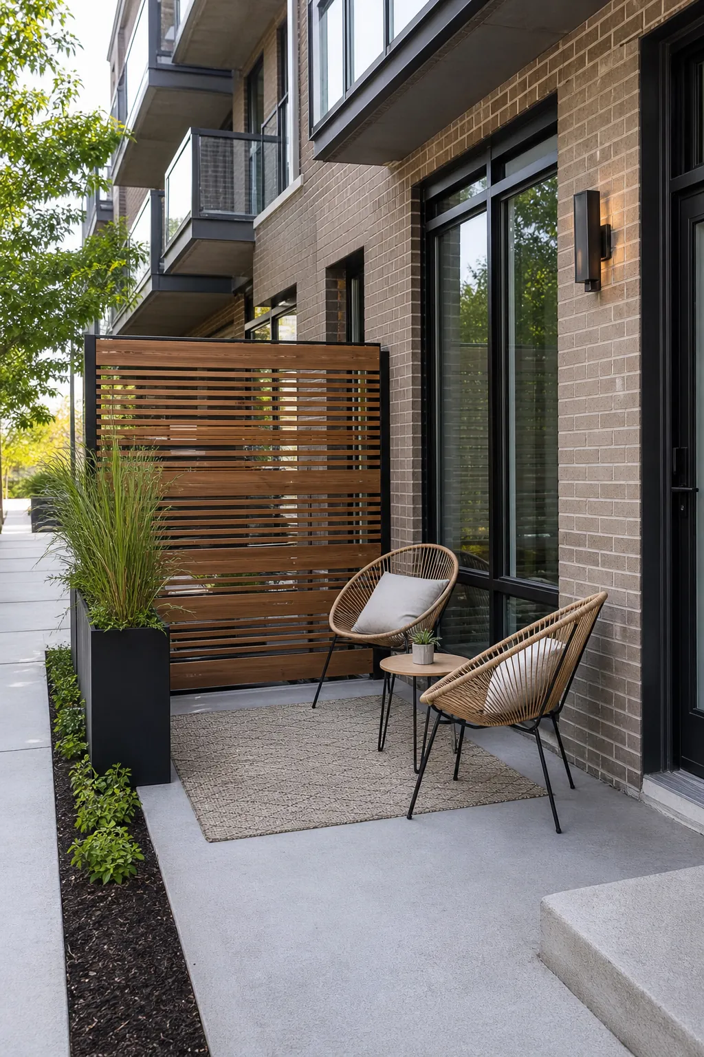 Targeted small patio privacy screen blocking one exposed side of an apartment patio seating area
