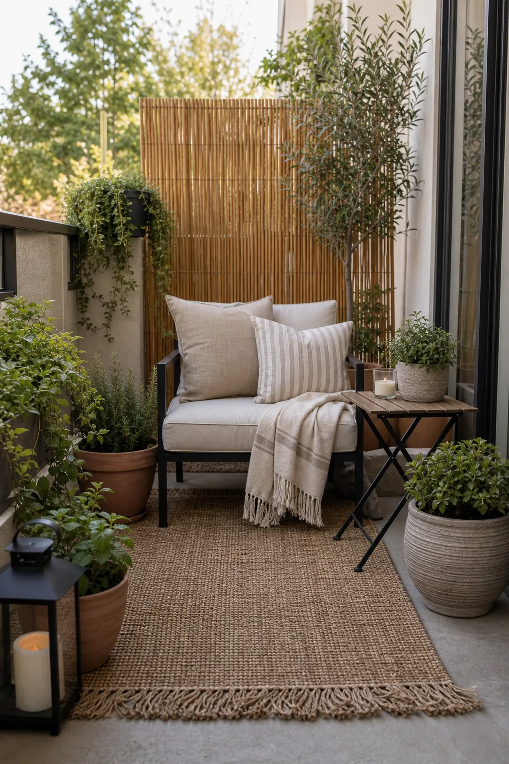 Private small patio layered with outdoor textiles, planters, and renter-friendly privacy screen