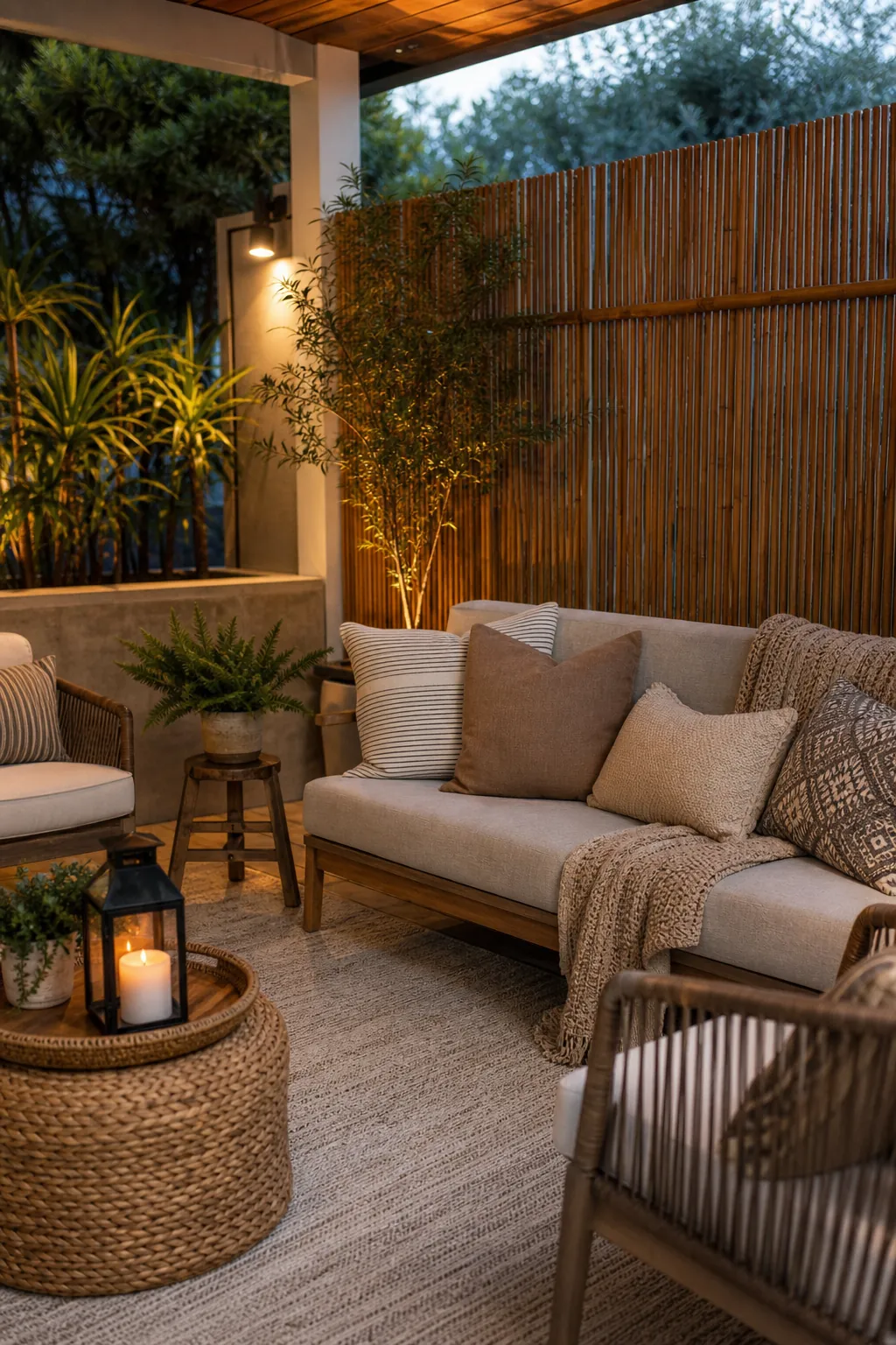 Covered outdoor lounge with soft textiles, bamboo privacy screen, plants, and evening lighting