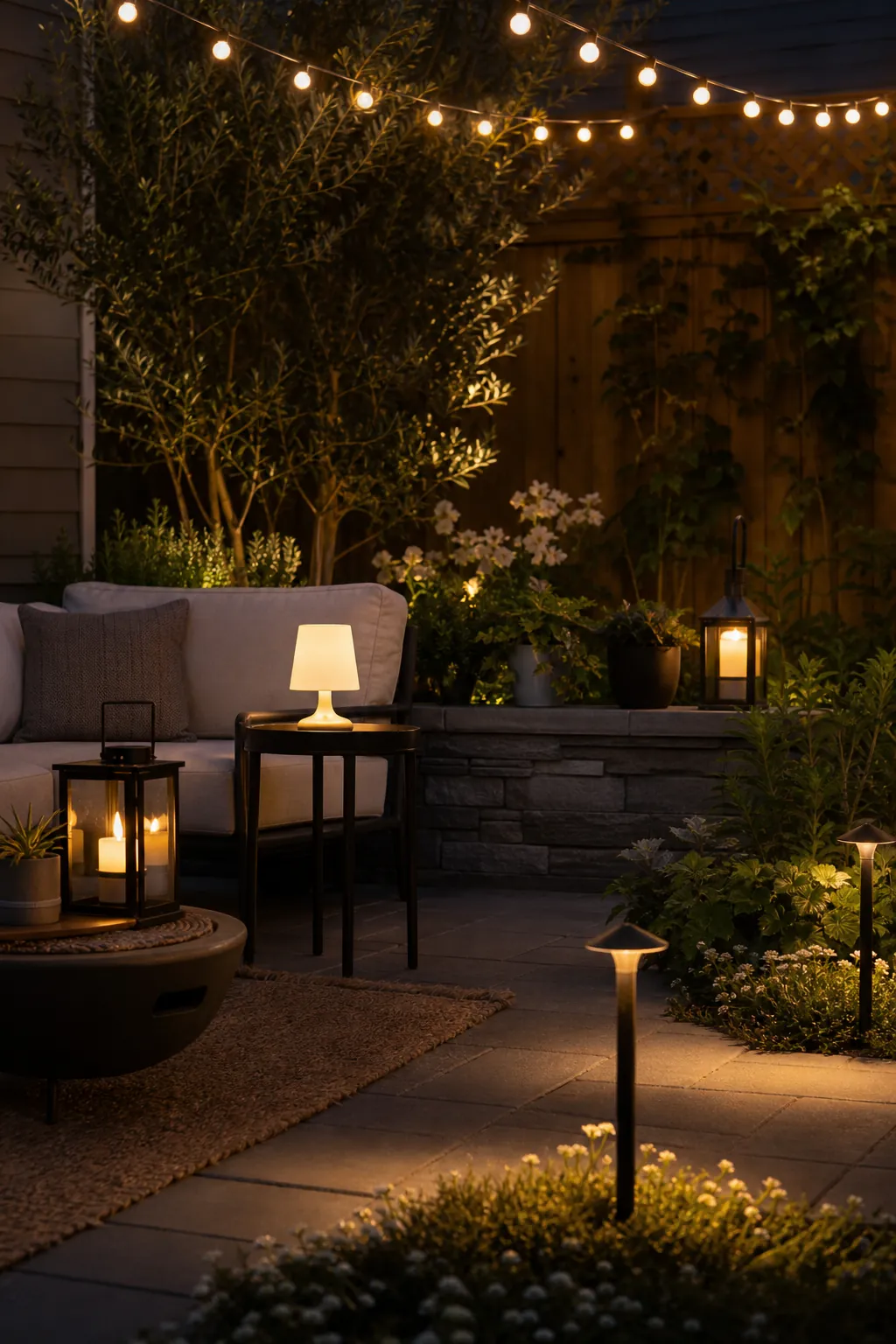 Layered outdoor evening lighting with lanterns, path lights, plants, and patio seating