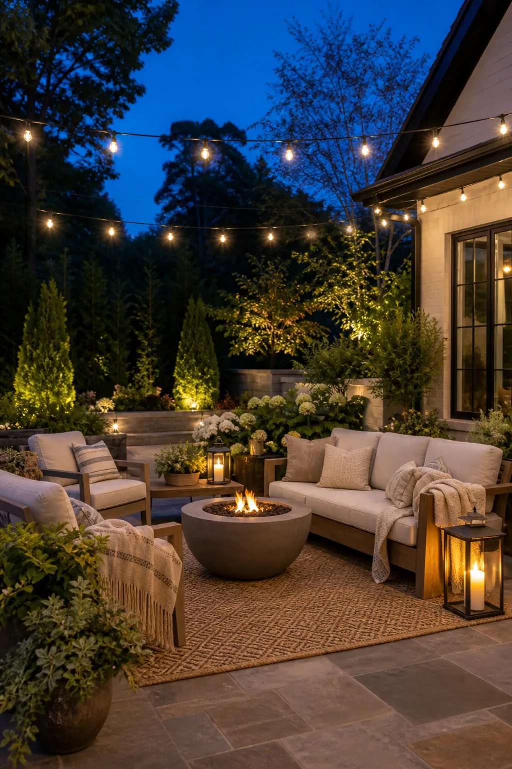 Cozy outdoor room with fire bowl, cushioned patio seating, string lights, and layered evening plants