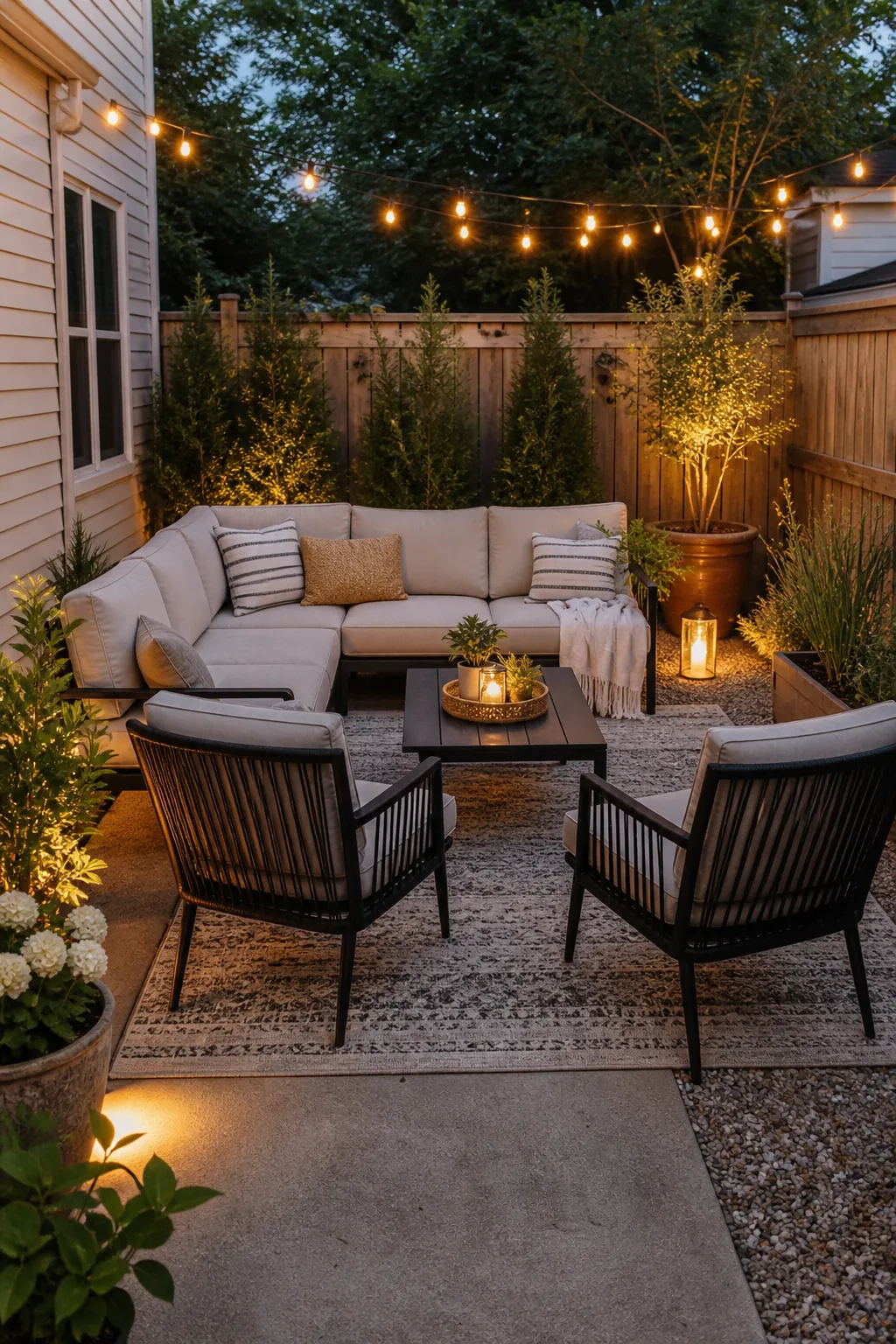 Cozy outdoor lounge zone with string lights, cushioned seating, planters, and evening glow