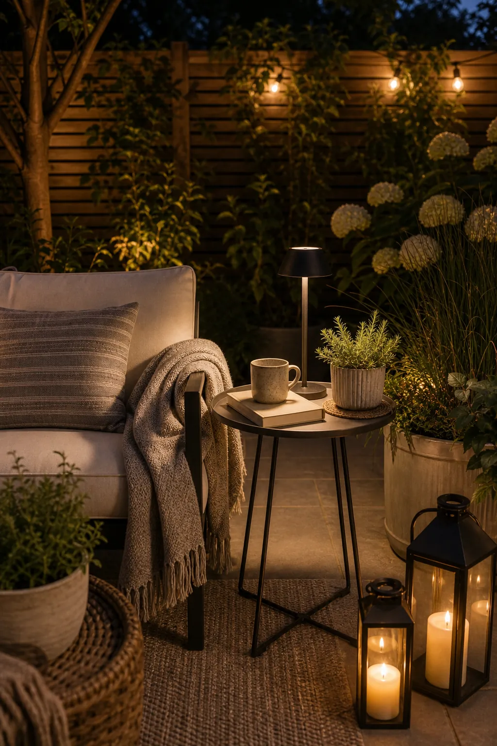 Portable outdoor side table with lamp, book, blanket, lanterns, and cozy patio seating