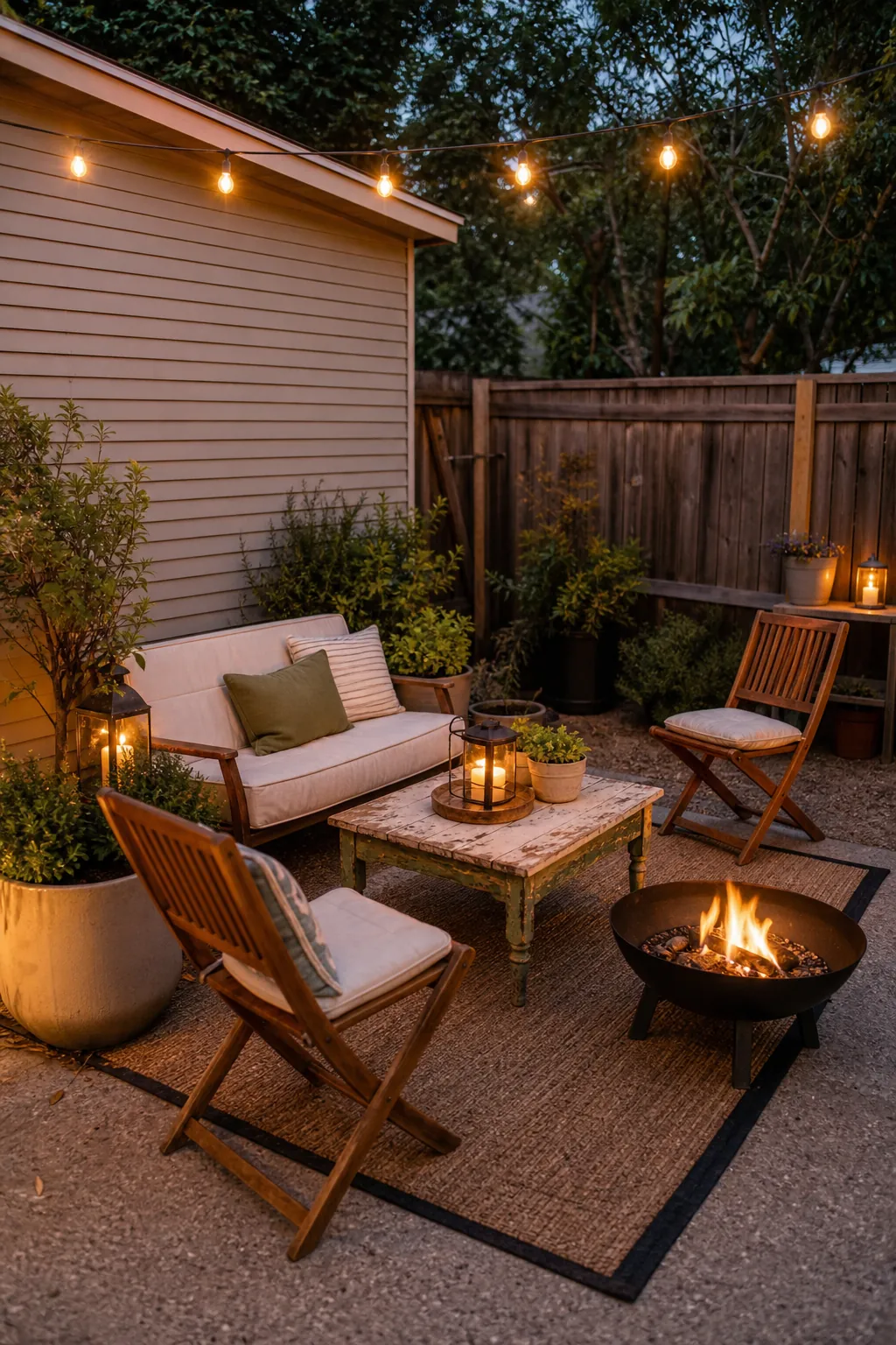 Budget backyard firepit corner with vintage table, folding chairs, lanterns, and string lights