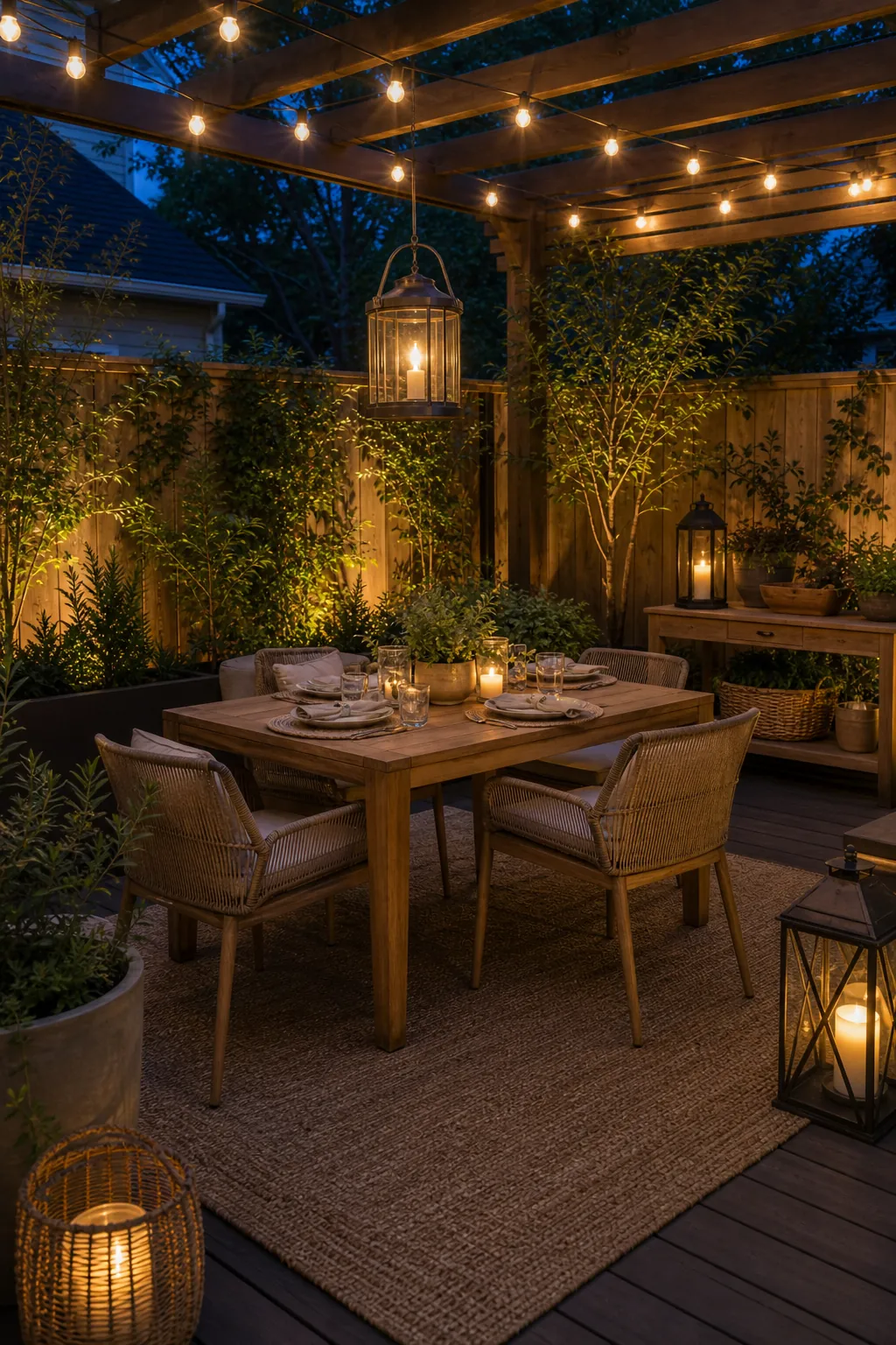 Outdoor dining room at dusk with wood table, soft lighting, planters, and cozy patio rug