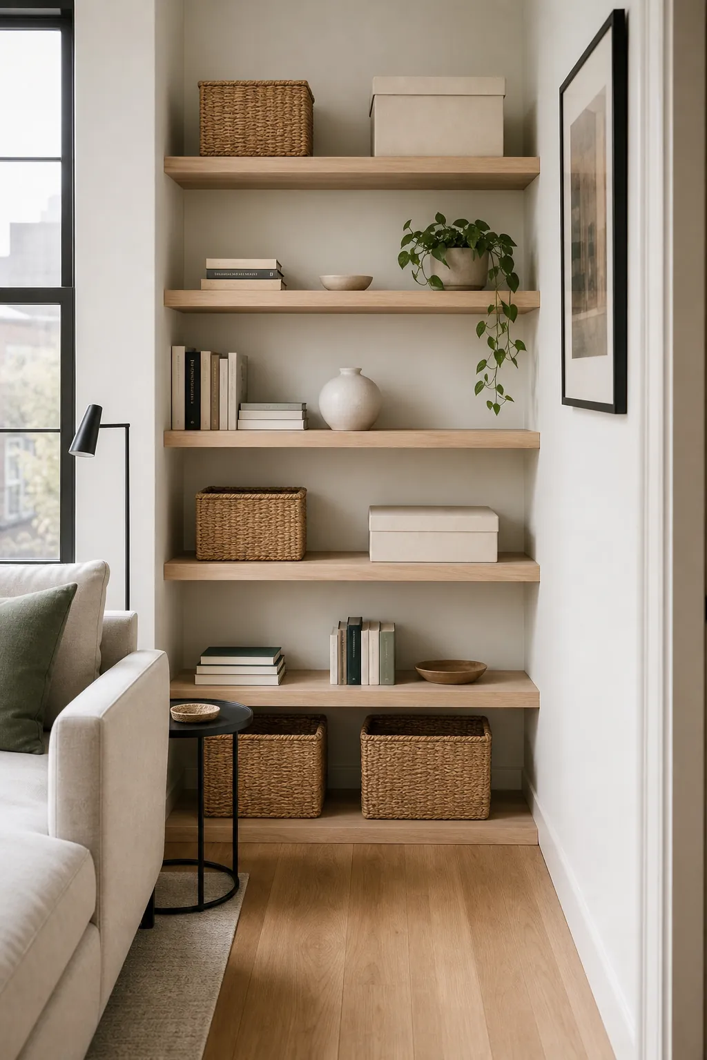 Small room with clean open storage, matching baskets, and calm shelf organization