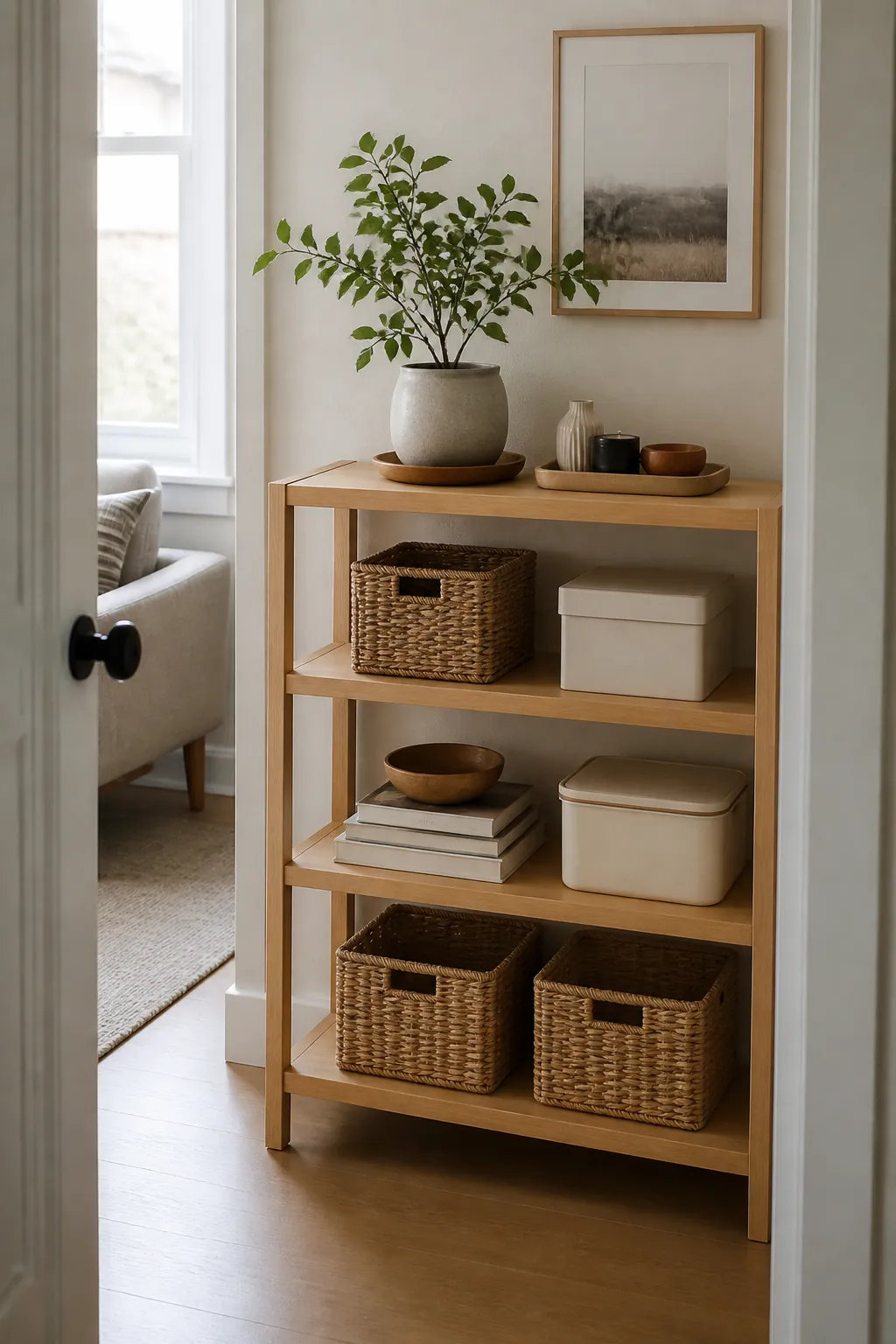 Small room open shelf edited to reduce visual clutter and exposed labels