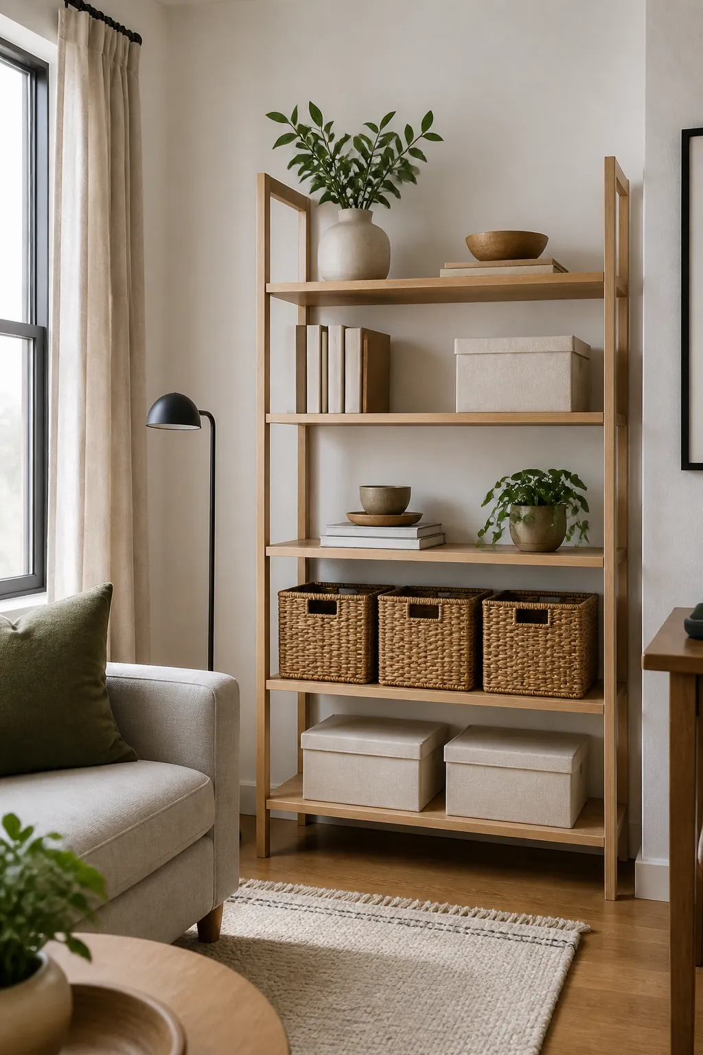 Clean open storage in a small room with baskets and calm shelf organization