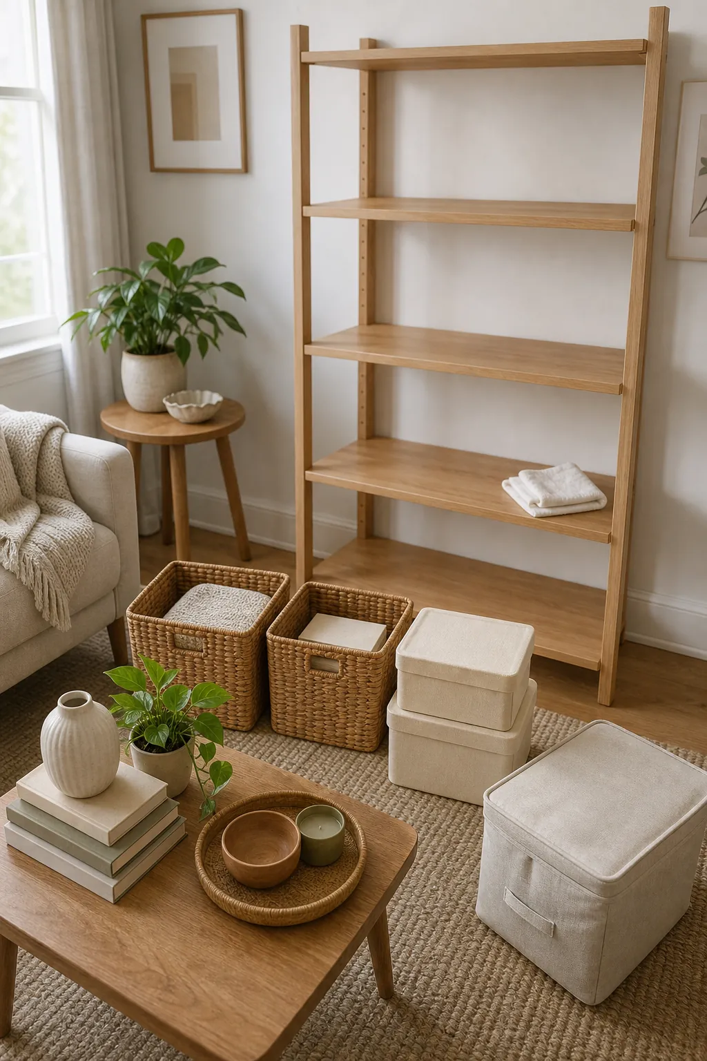 Small room storage sorting system with visible items and contained baskets