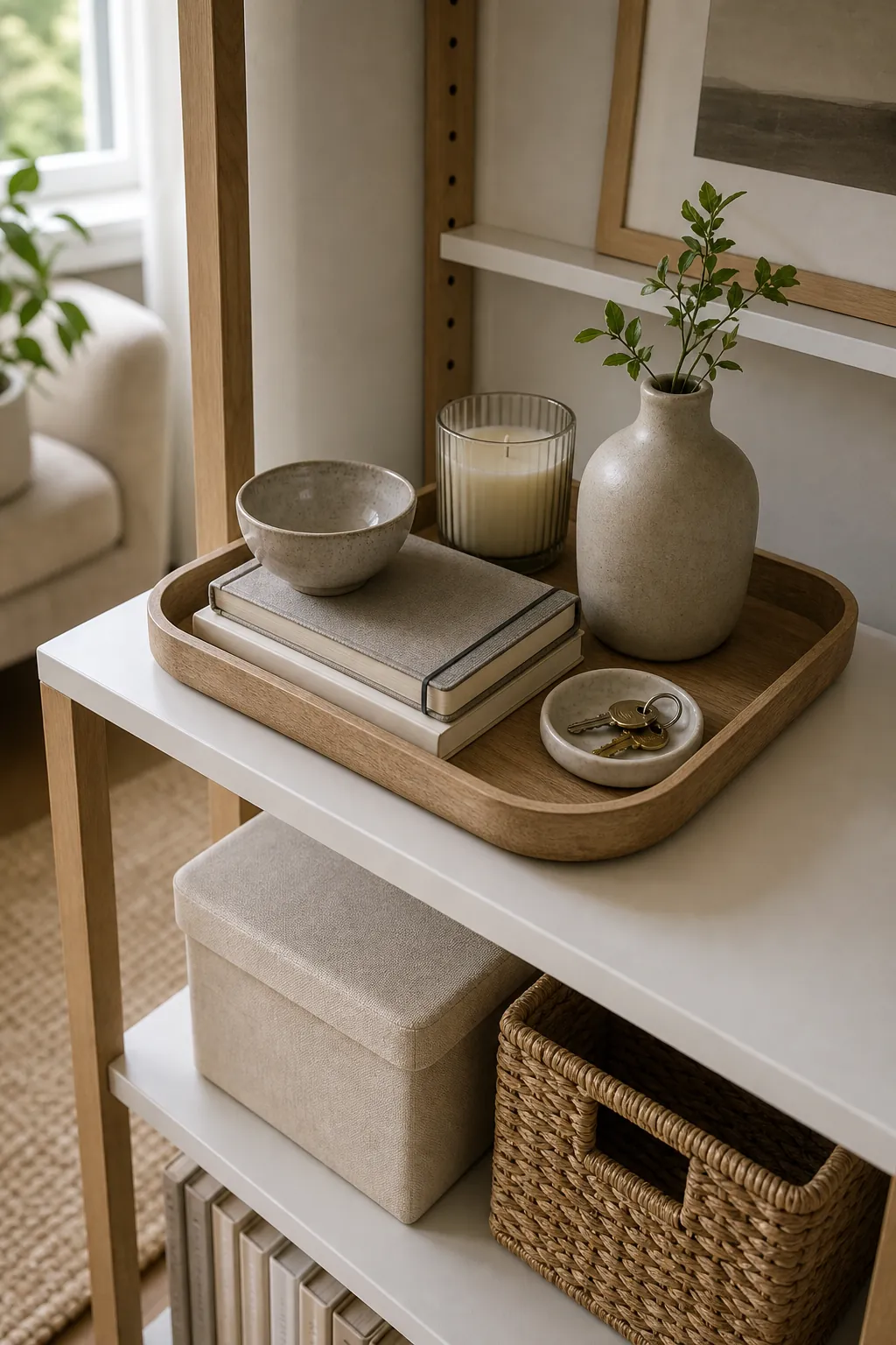Decorative storage grouped on a tray to make small shelf items look cleaner