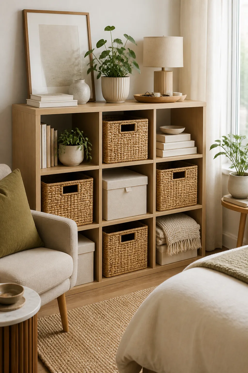 Matching storage baskets making open shelves look cleaner in a small room