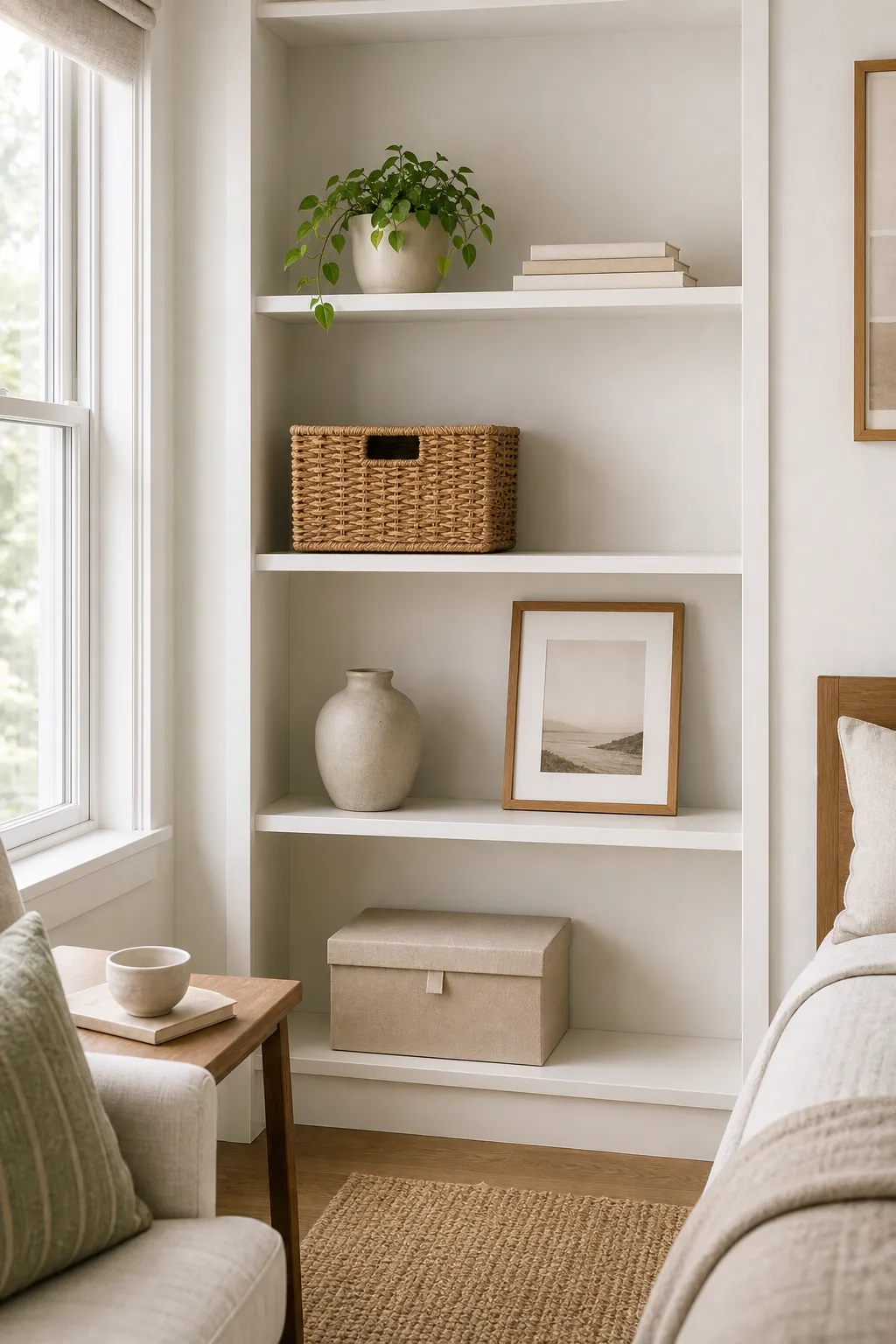 Open shelves with negative space making a small room feel cleaner and calmer