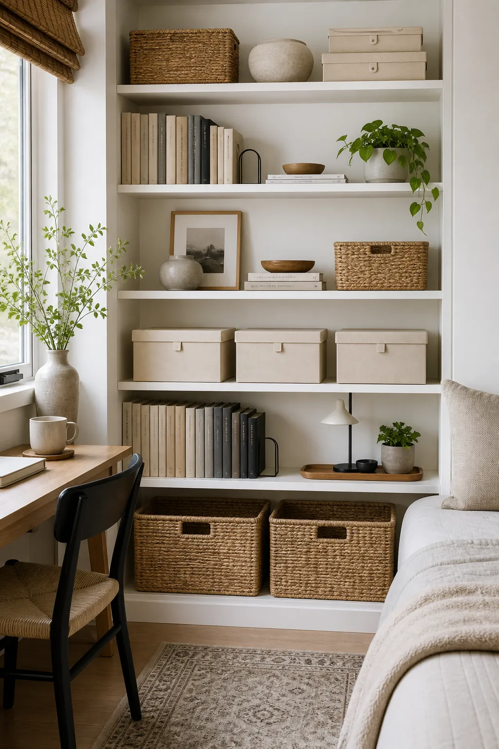 Quiet color story for shelf organization with neutral boxes and natural baskets