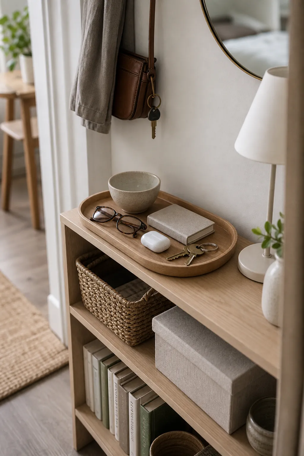 Daily reset tray for keys and small items keeping a small room clutter free
