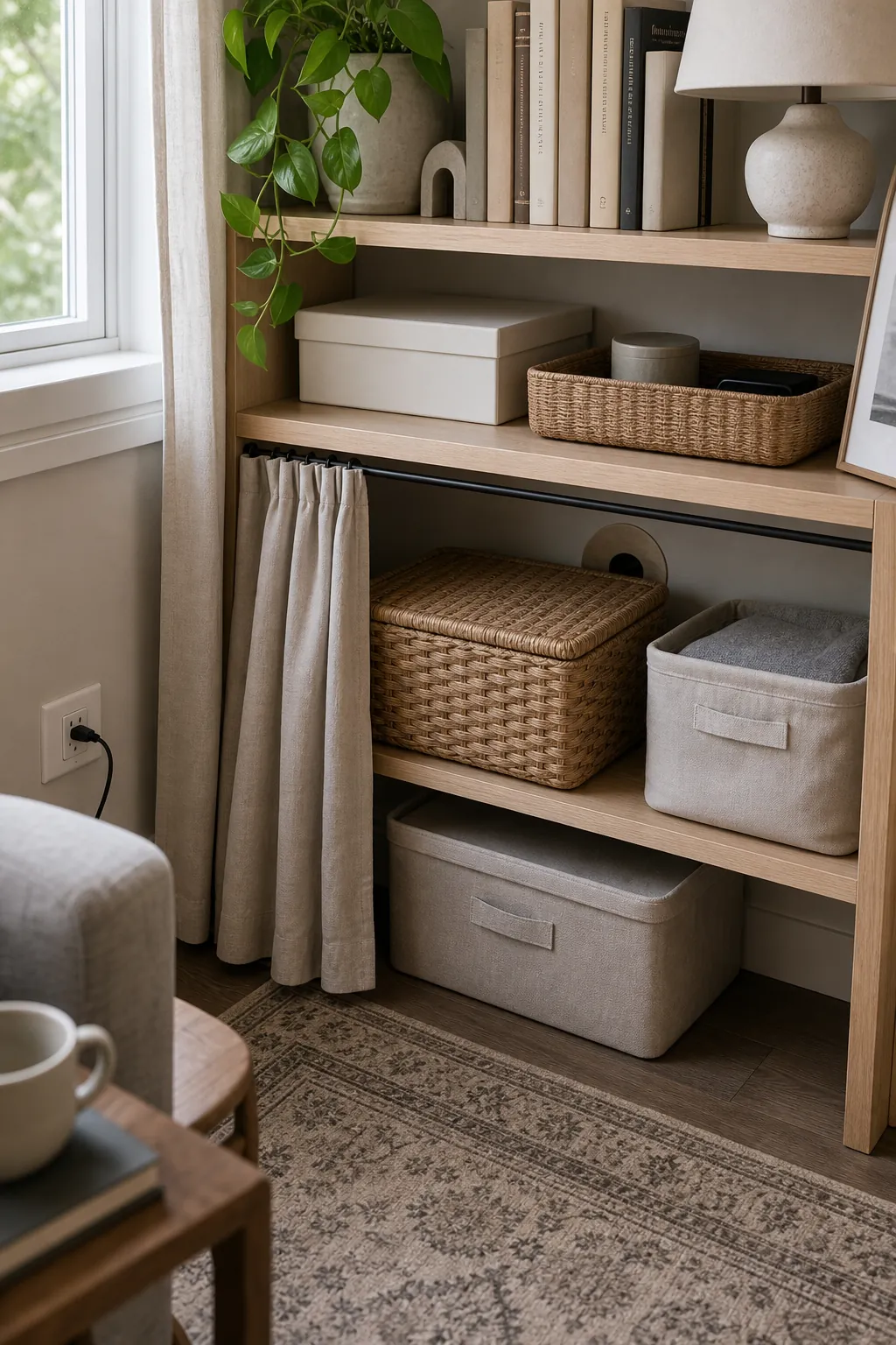 Bottom shelf lidded storage hiding cords and essentials in a small room