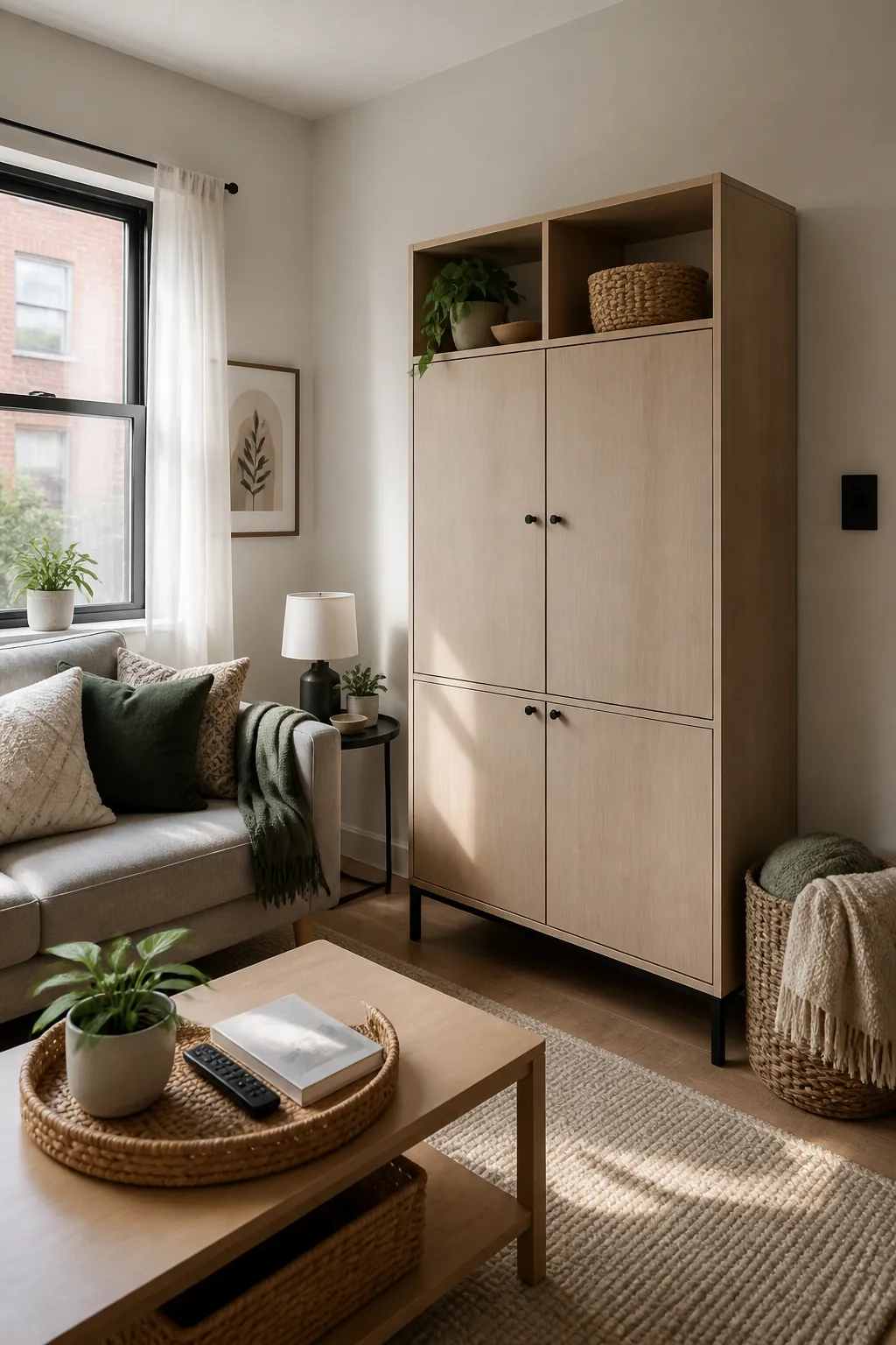 Tall closed storage cabinet in a small rental living room with calm neutral decor