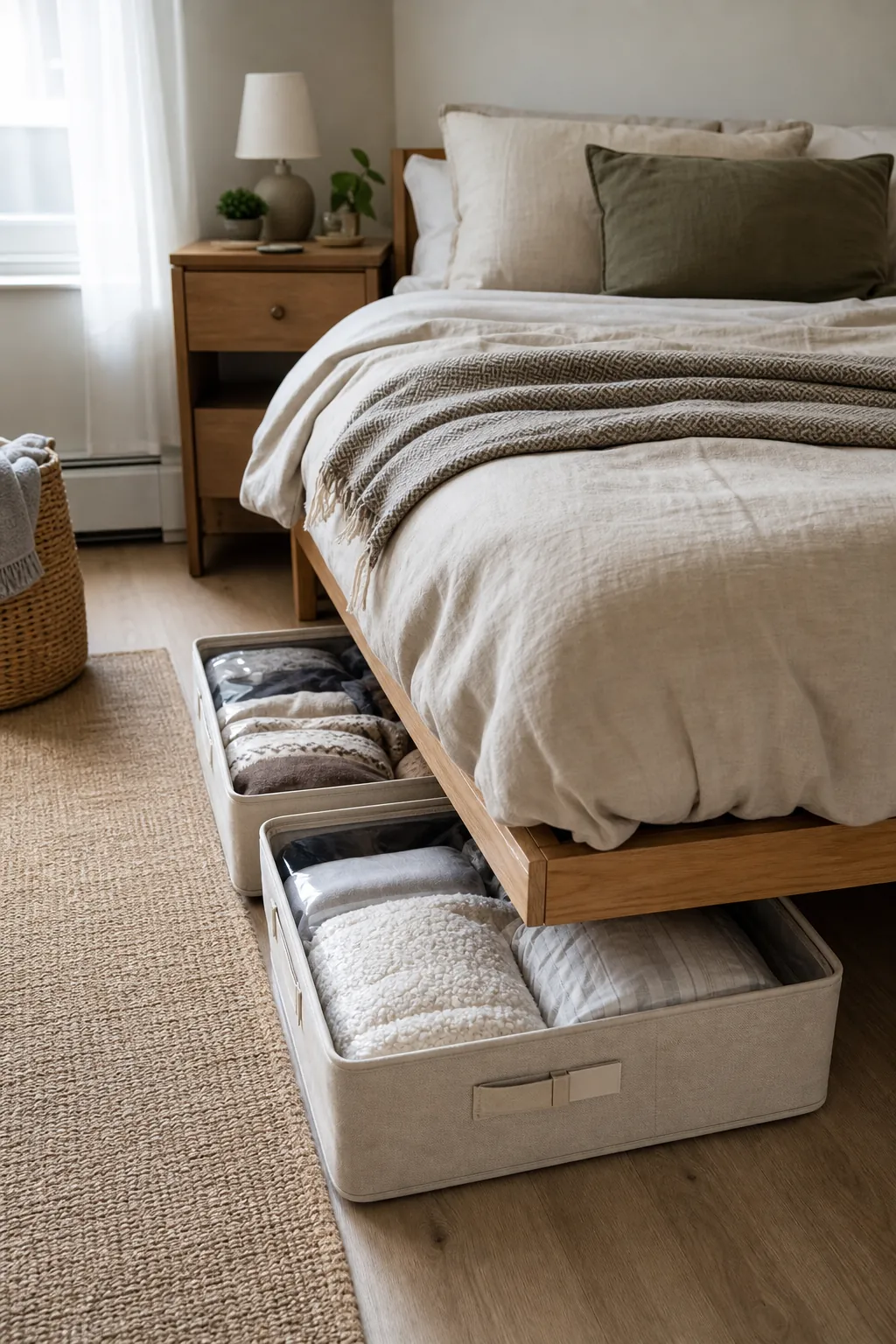 Labeled under bed storage bins in a small rental bedroom for seasonal apartment storage