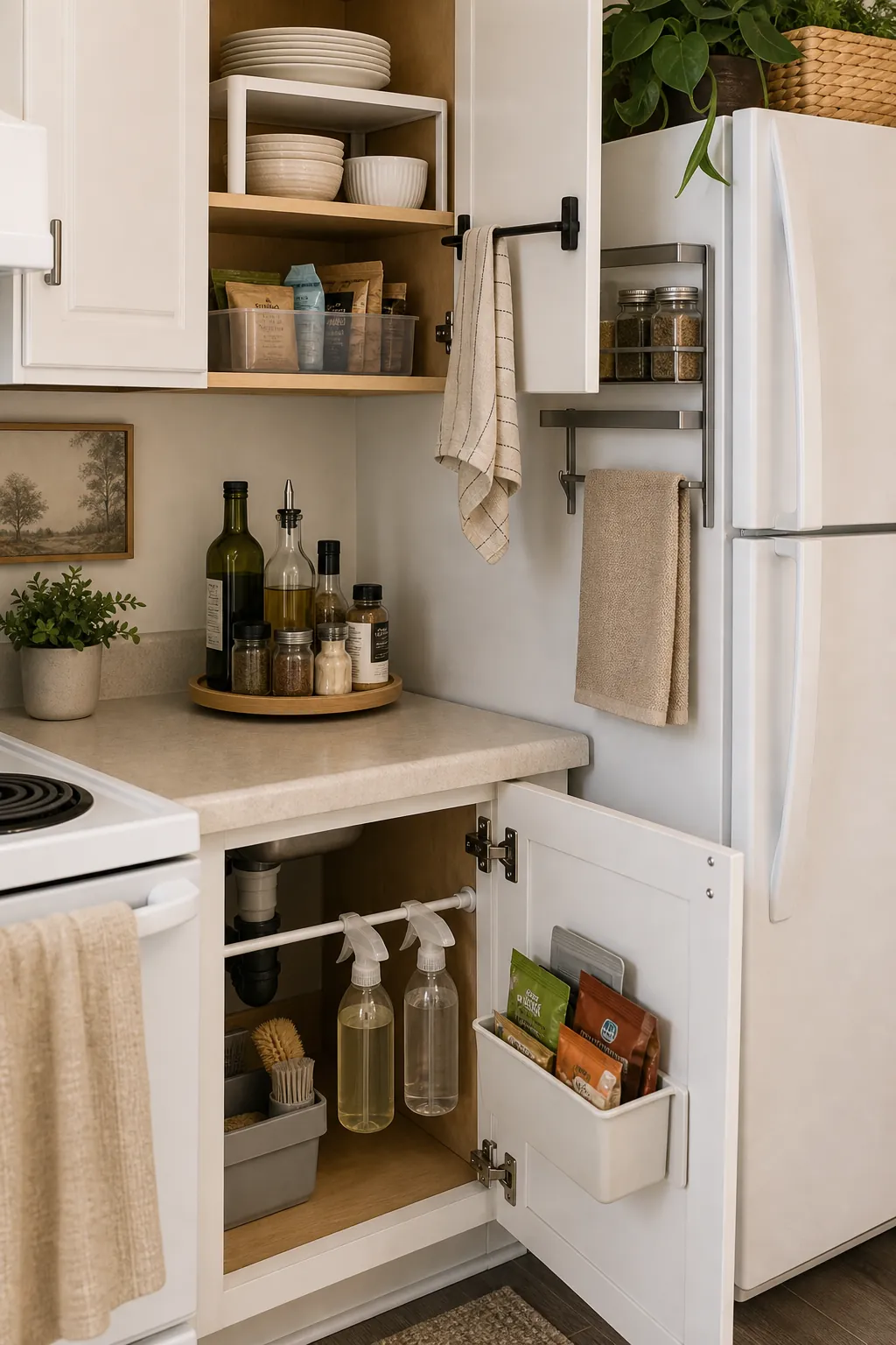 No drill kitchen storage in a rental apartment with shelf risers hooks and a clear counter