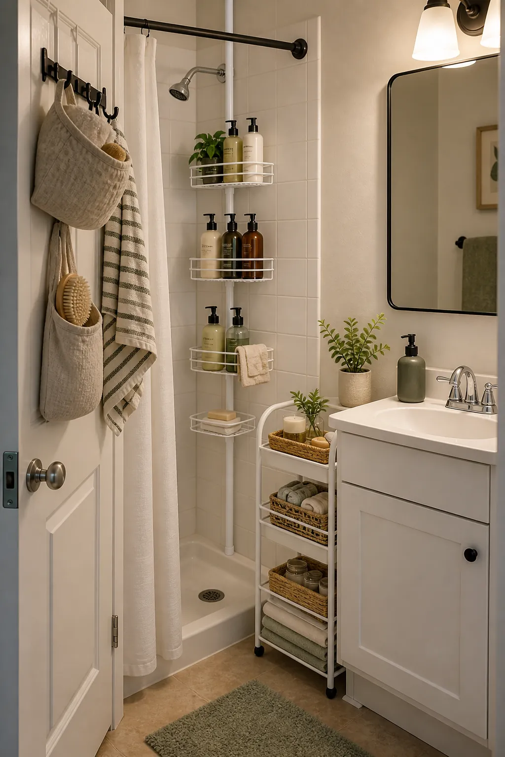 Renter friendly bathroom storage with a tension shower caddy and narrow freestanding shelves