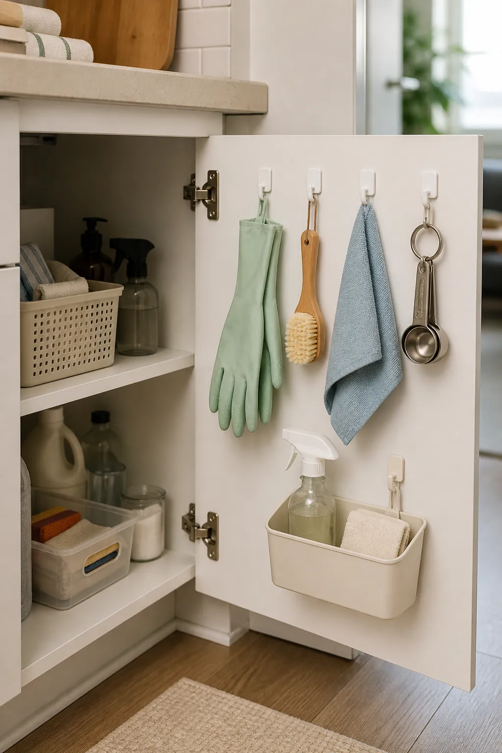 Inside cabinet door with removable hooks organizing small apartment cleaning tools