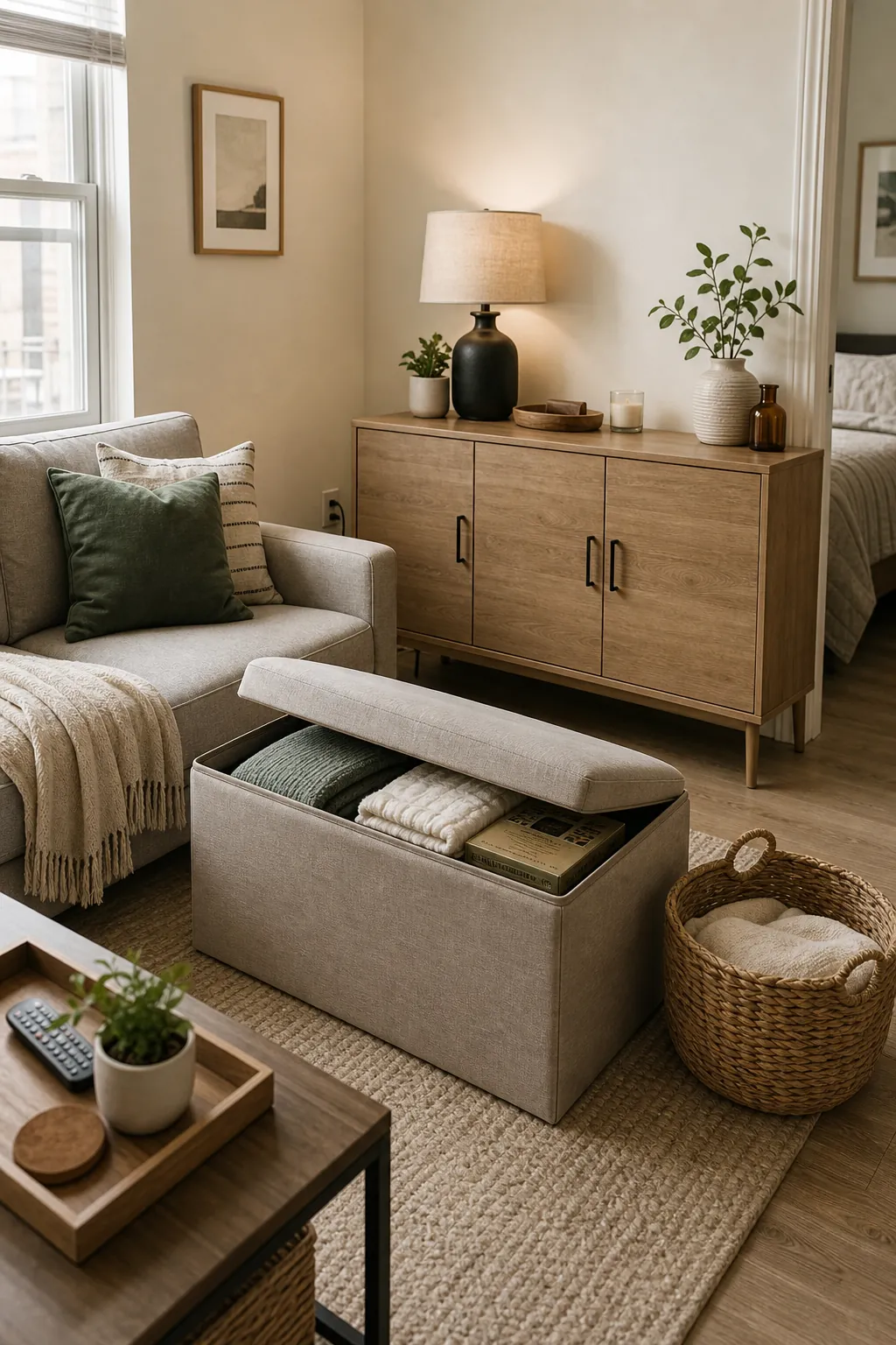 Small rental living room with storage ottoman and closed sideboard for apartment organization