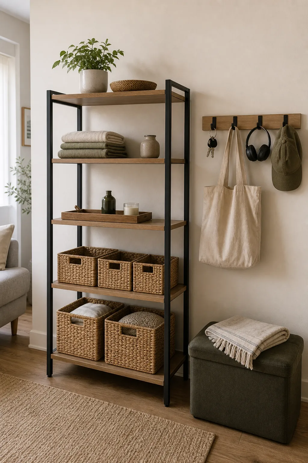 Renter friendly wall hooks and calm open shelving with baskets in a small apartment