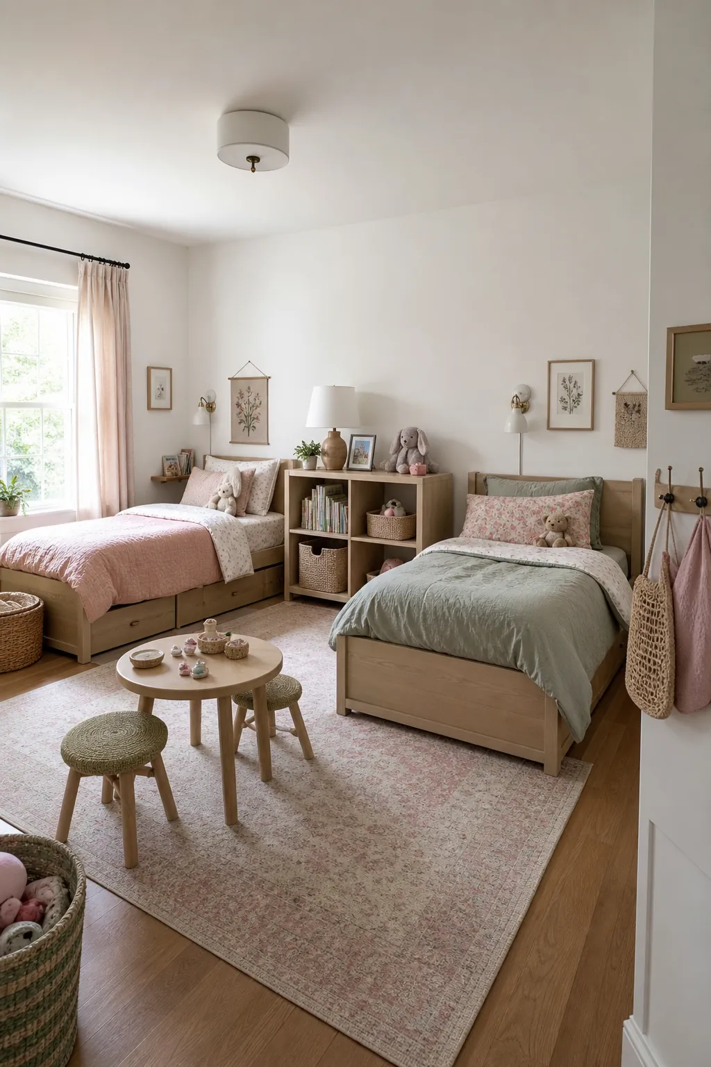 Shared girls bedroom with separate personal corners and cozy bedroom styling