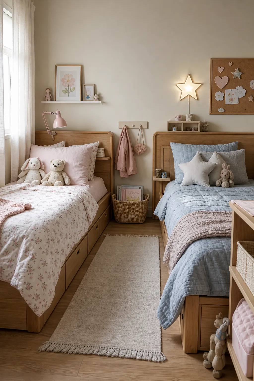 Twin beds with separate personal corners in a shared girls bedroom