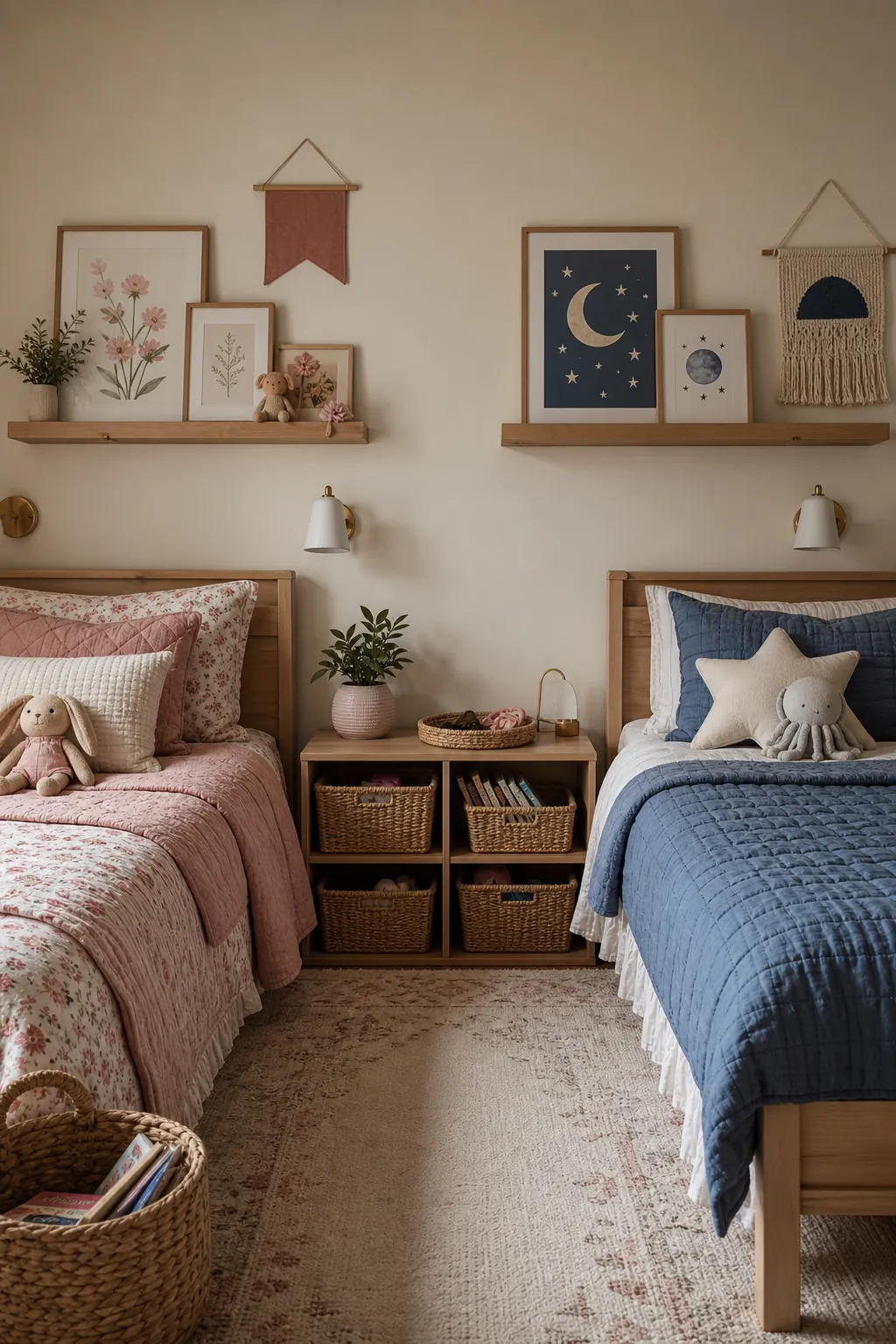 Girls room decor with balanced wall decor for two personal bedroom zones