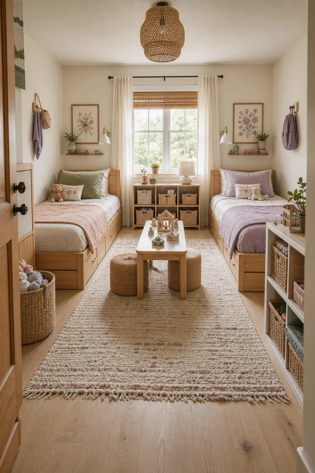 Shared girls bedroom with two separate personal corners and balanced bedroom zones