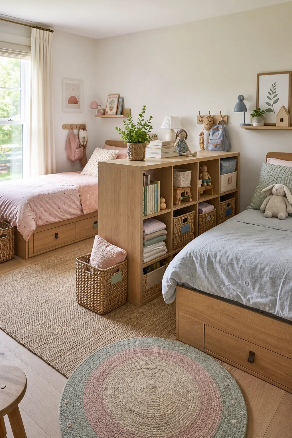 Storage divider creating separate bedroom zones in a shared kids room