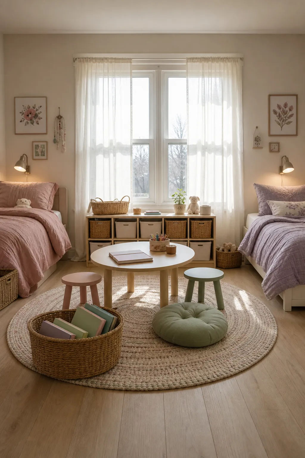 Shared kids bedroom with a cozy middle reading zone and separate corners