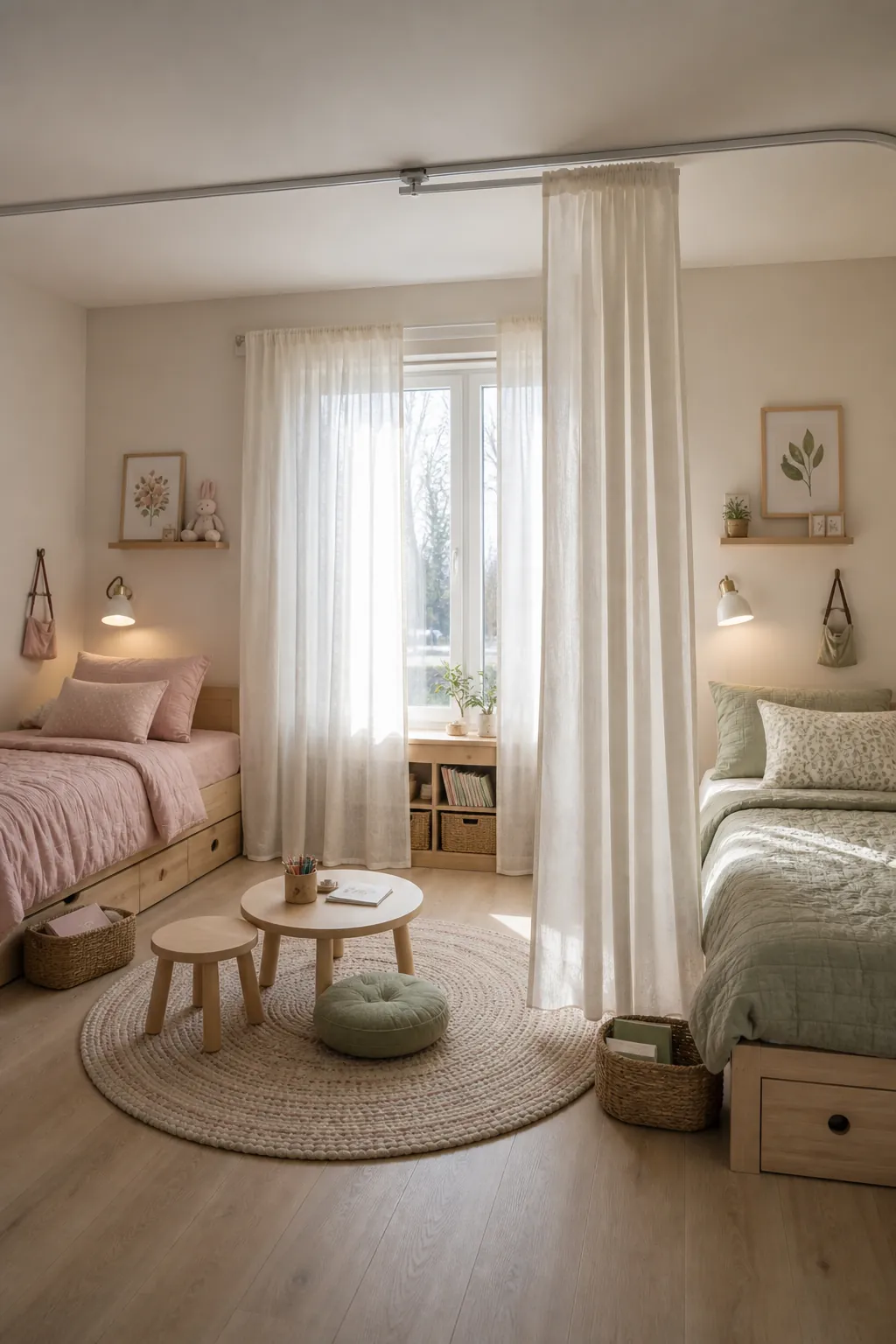 Shared girls bedroom with soft privacy curtains around separate personal corners