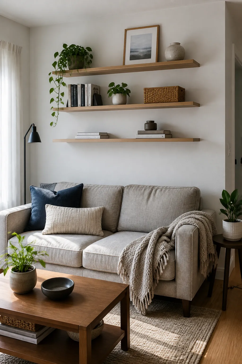 Floating wall shelves above a sofa in a compact living room