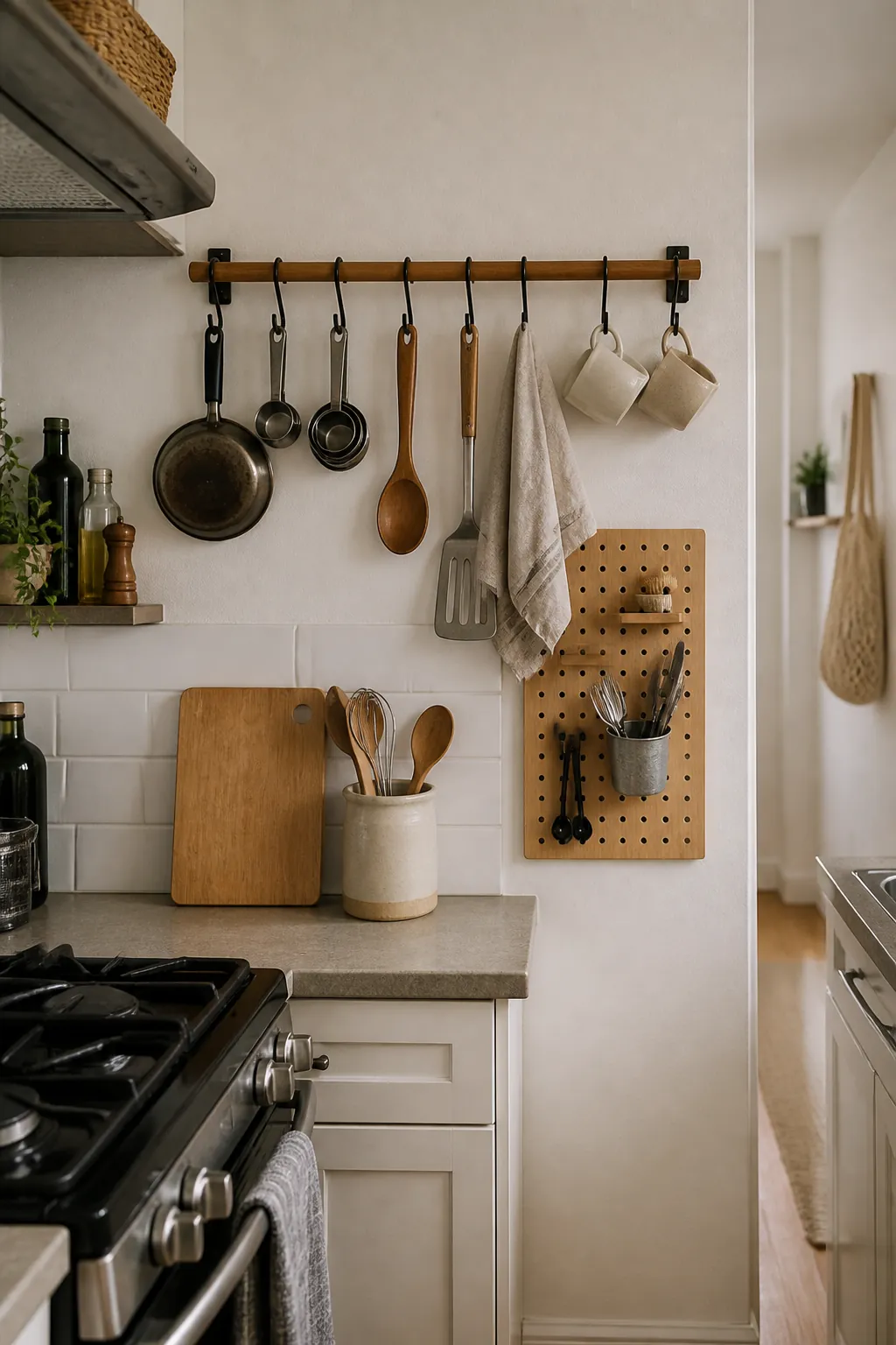 Wall mounted kitchen rail and pegboard storage in a small apartment kitchen