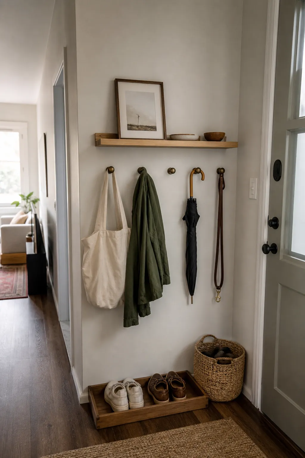 Wall mounted entryway shelf with hooks for small home storage