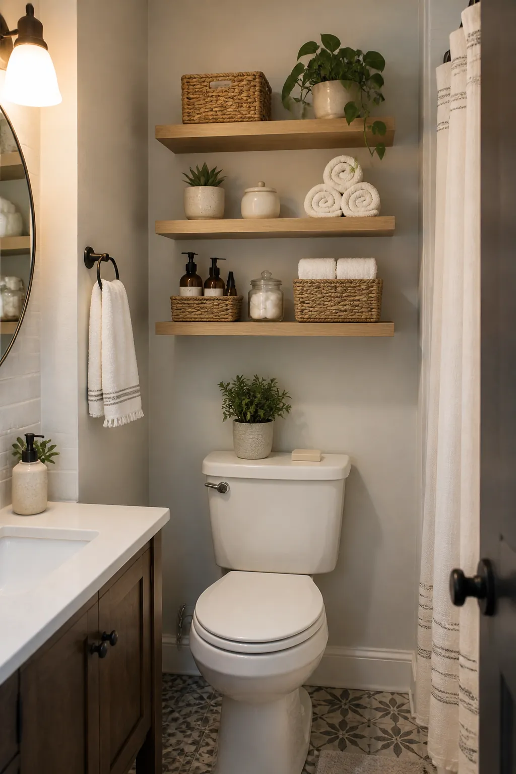 Over toilet wall shelves with baskets for small bathroom storage