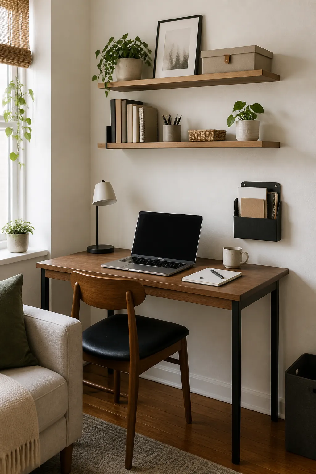 Small home office with wall mounted shelf storage above a compact desk