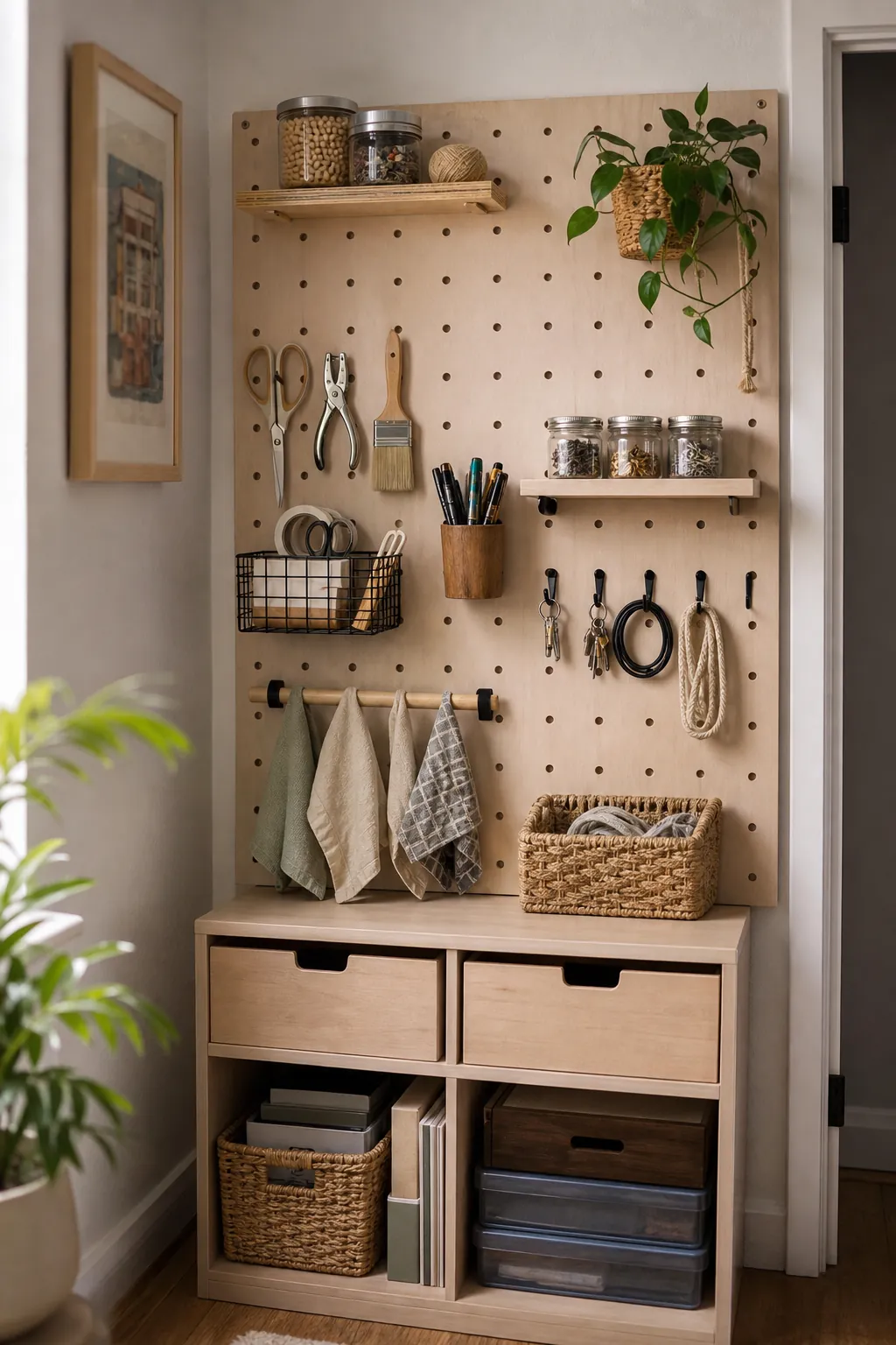 Organized pegboard wall storage with baskets hooks and small shelves